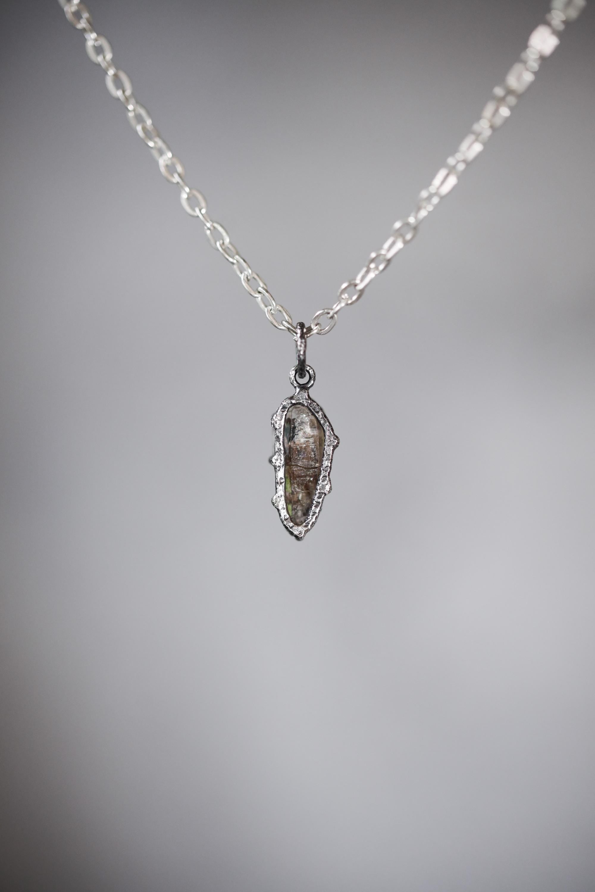 Tibetan Double Terminated Anhydro Carbon Inclusion Quartz Specimen Pendant, Raw Crystal, Sterling Silver Claw Setting, Oxidized Finish