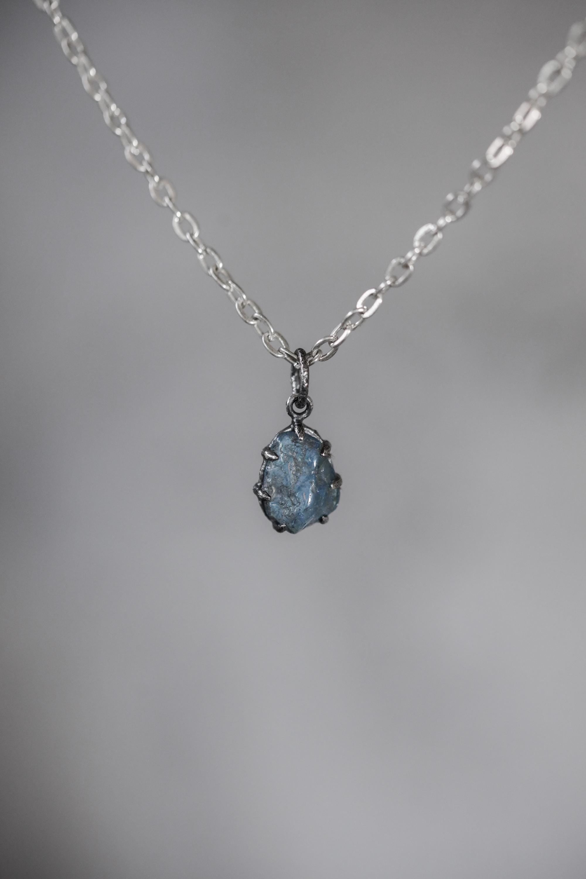 Dark Blue Aquamarine Pendant, Natural Gem Facet Grade Chunk, Sterling Silver Claw Setting, Hammered Oxidized Finish, Throat Chakra Jewelry
