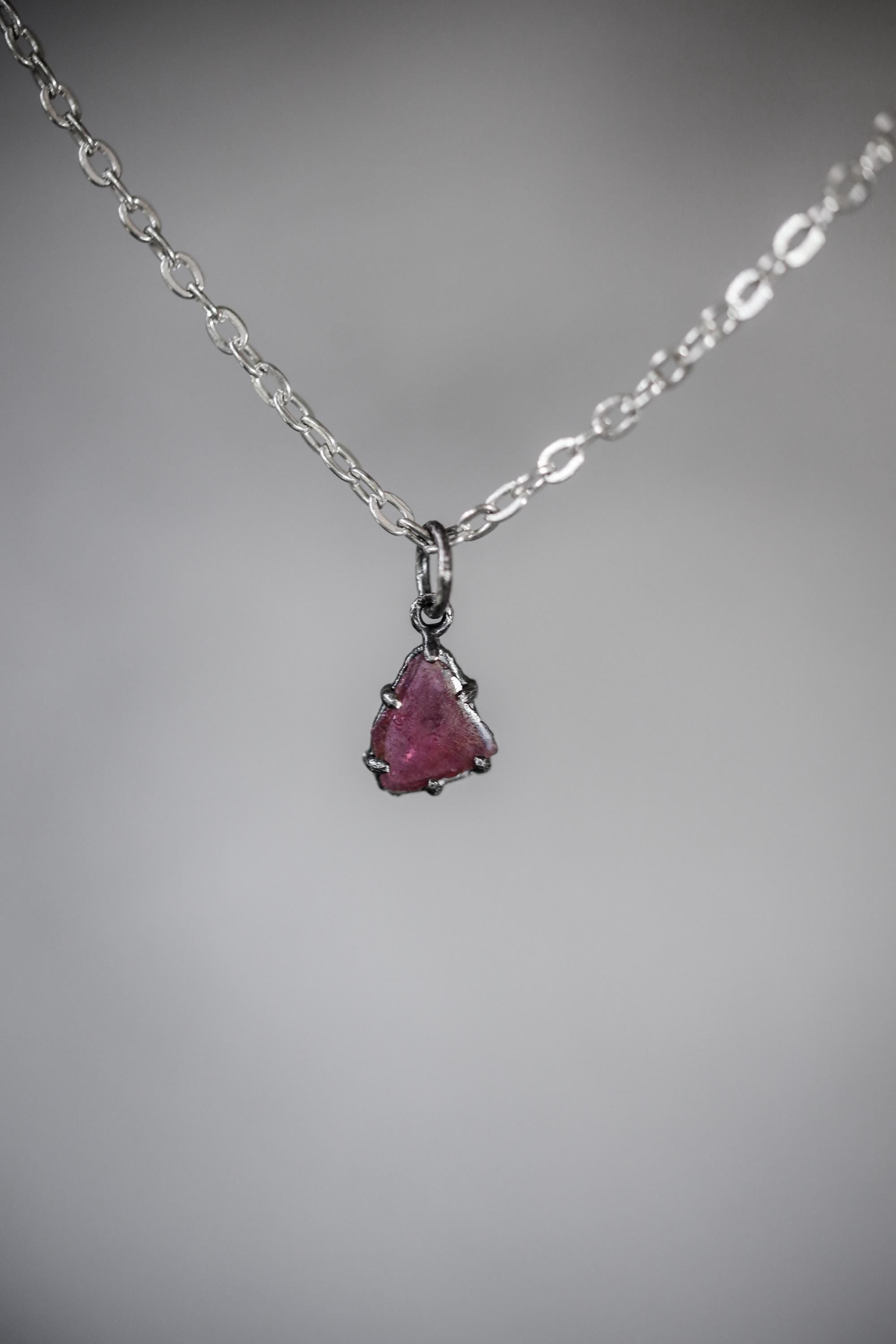 Polished Slice of High-Grade Natural Pink Tourmaline Wand with Darker Rind Pendant Sterling Silver Claw Setting Oxidized Finish