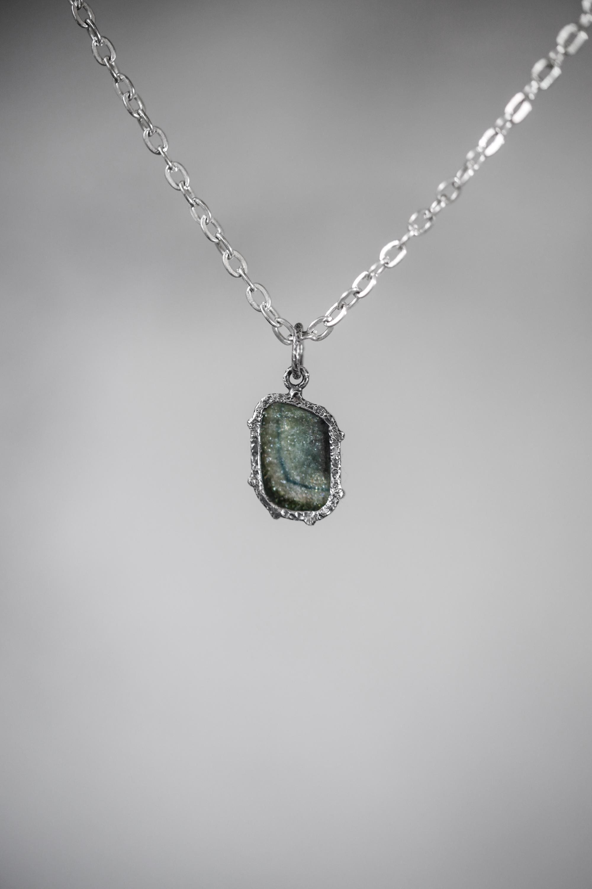 Polished Slice of Natural Green Blue Tourmaline Wand with Darker Rind Pendant, Sterling Silver Claw Setting, Oxidized, Hammered Textured