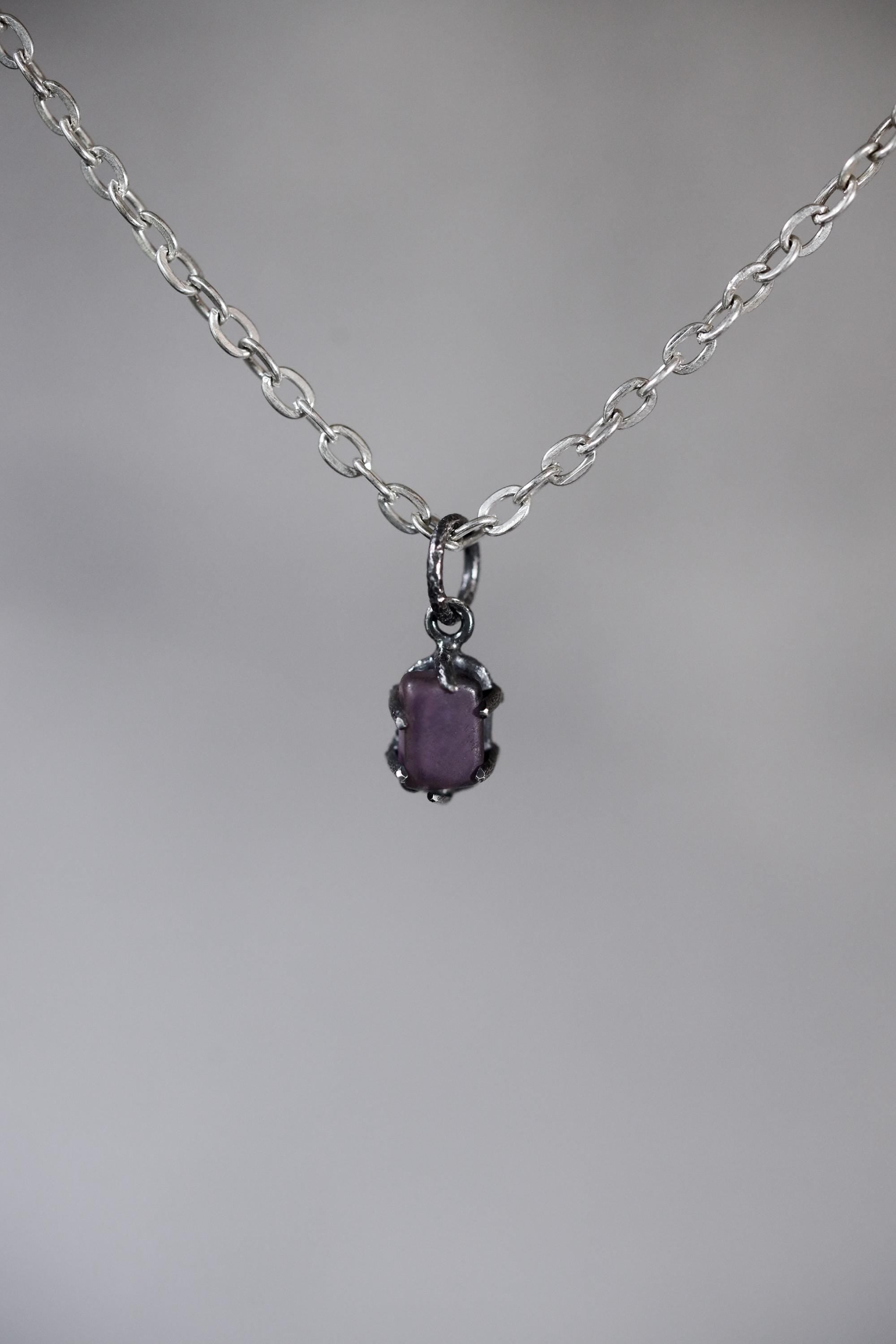 Semi Polished Facet Grade Natural Amethyst Cube Pendant, Sterling Silver Claw Frame, Hammer Textured Oxidized Healing Crystal Jewelry Gift