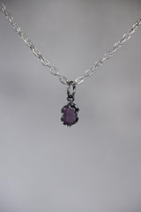 Semi Polished Facet Grade Natural Amethyst Cube Pendant, Sterling Silver Claw Frame, Hammer Textured Oxidized Healing Crystal Jewelry Gift