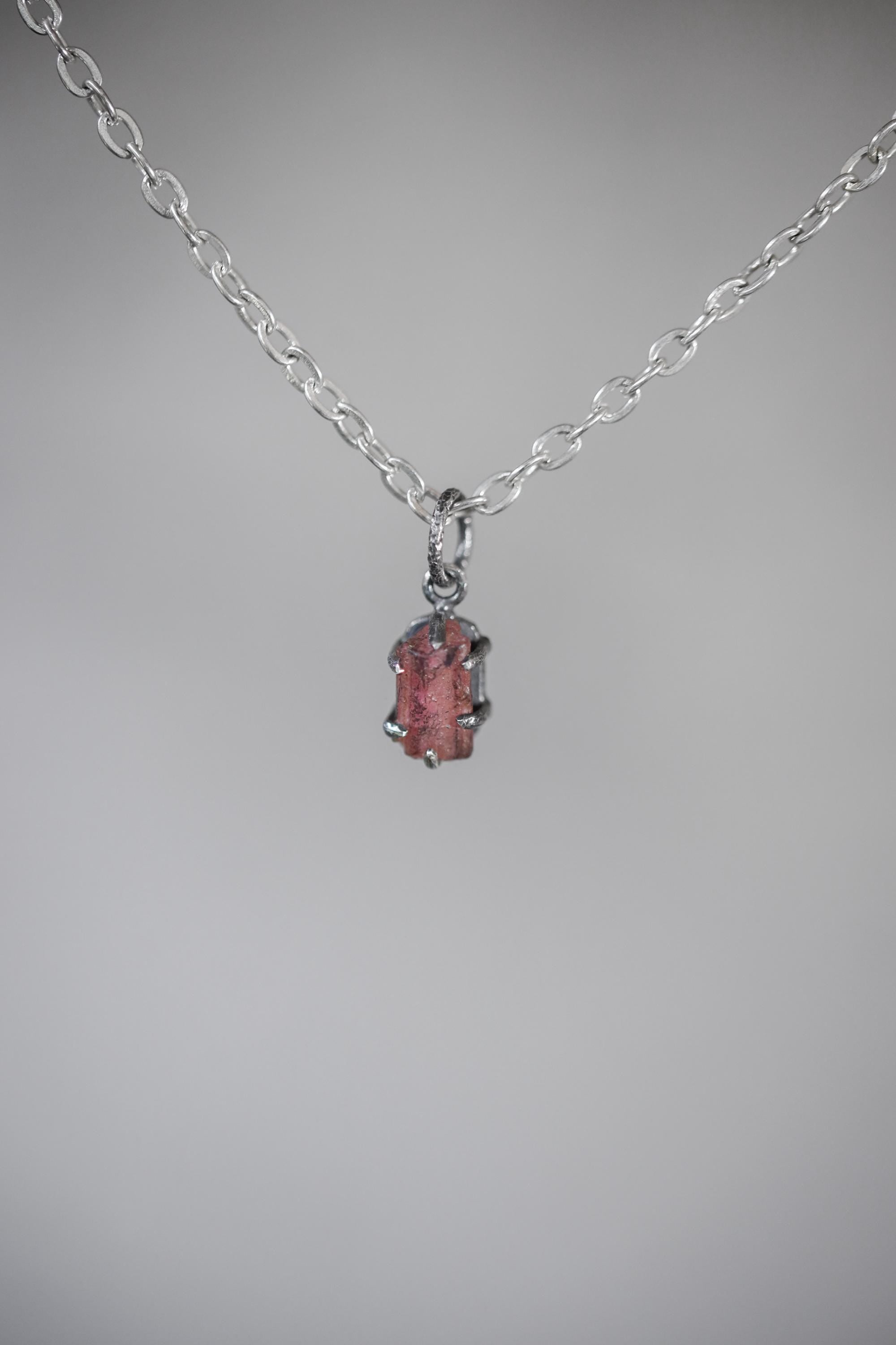 Natural Gem Pink tourmaline (Rubellite) wand Pendant, Sterling Silver Claw Setting, Hammer Texture, Heart Chakra, Handmade Healing Jewelry