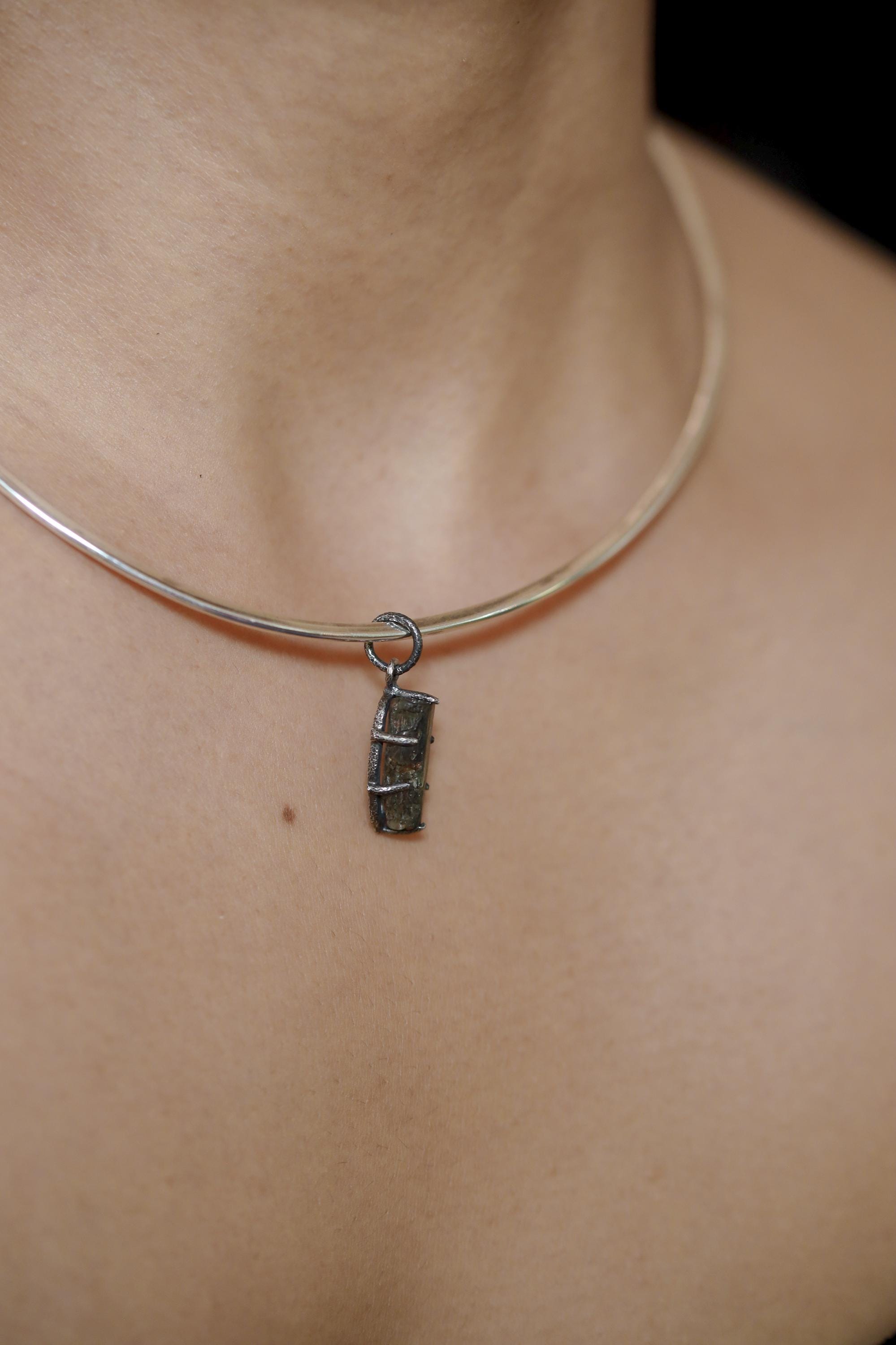 Raw Blue Tourmaline Pendant Sterling Silver Claw Setting Hammered Oxidized Frame High Grade Crystal Talisman Throat Chakra Jewelry