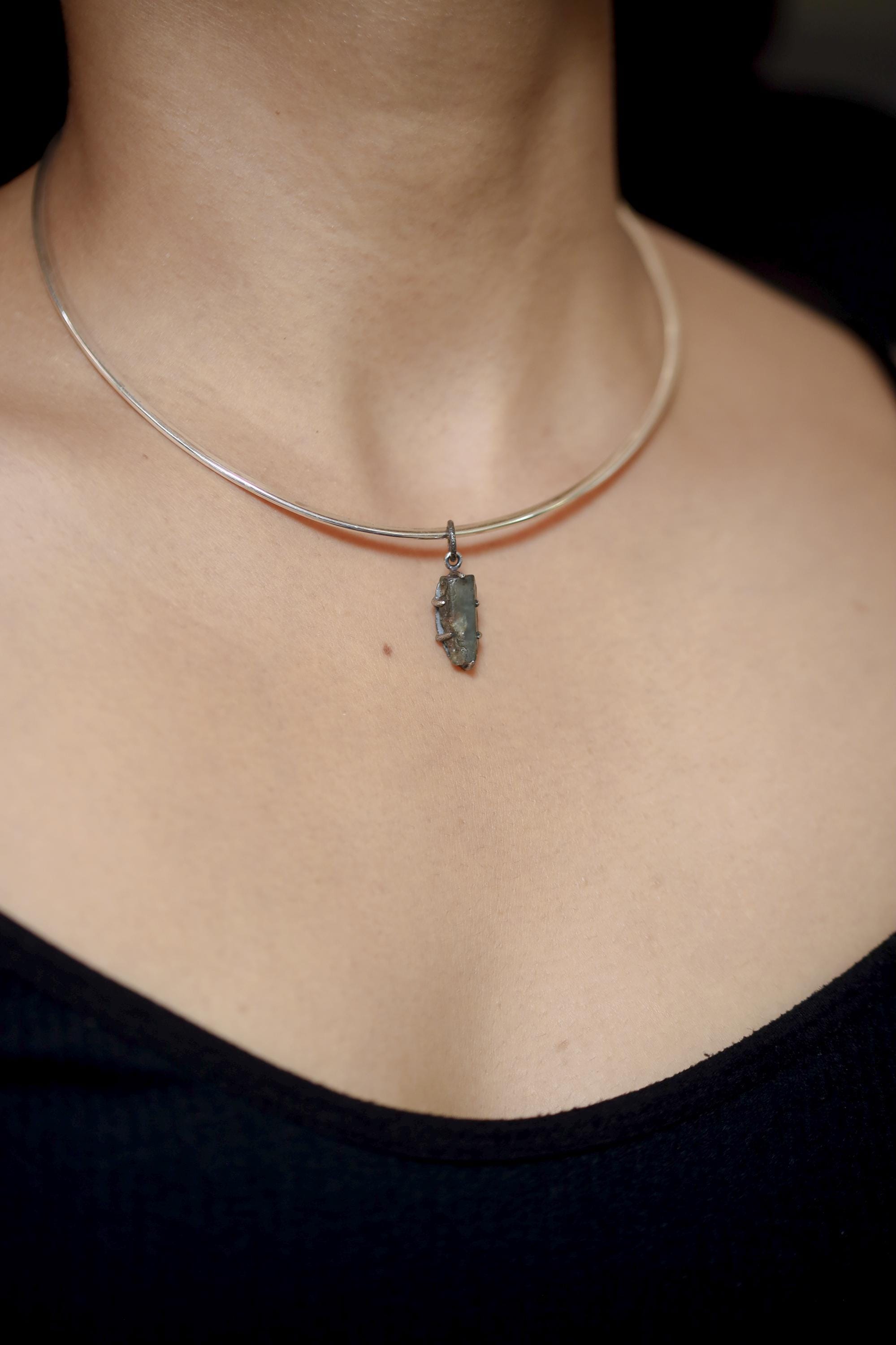 Raw Blue Tourmaline Pendant Sterling Silver Claw Setting Hammered Oxidized Frame High Grade Crystal Talisman Throat Chakra Jewelry