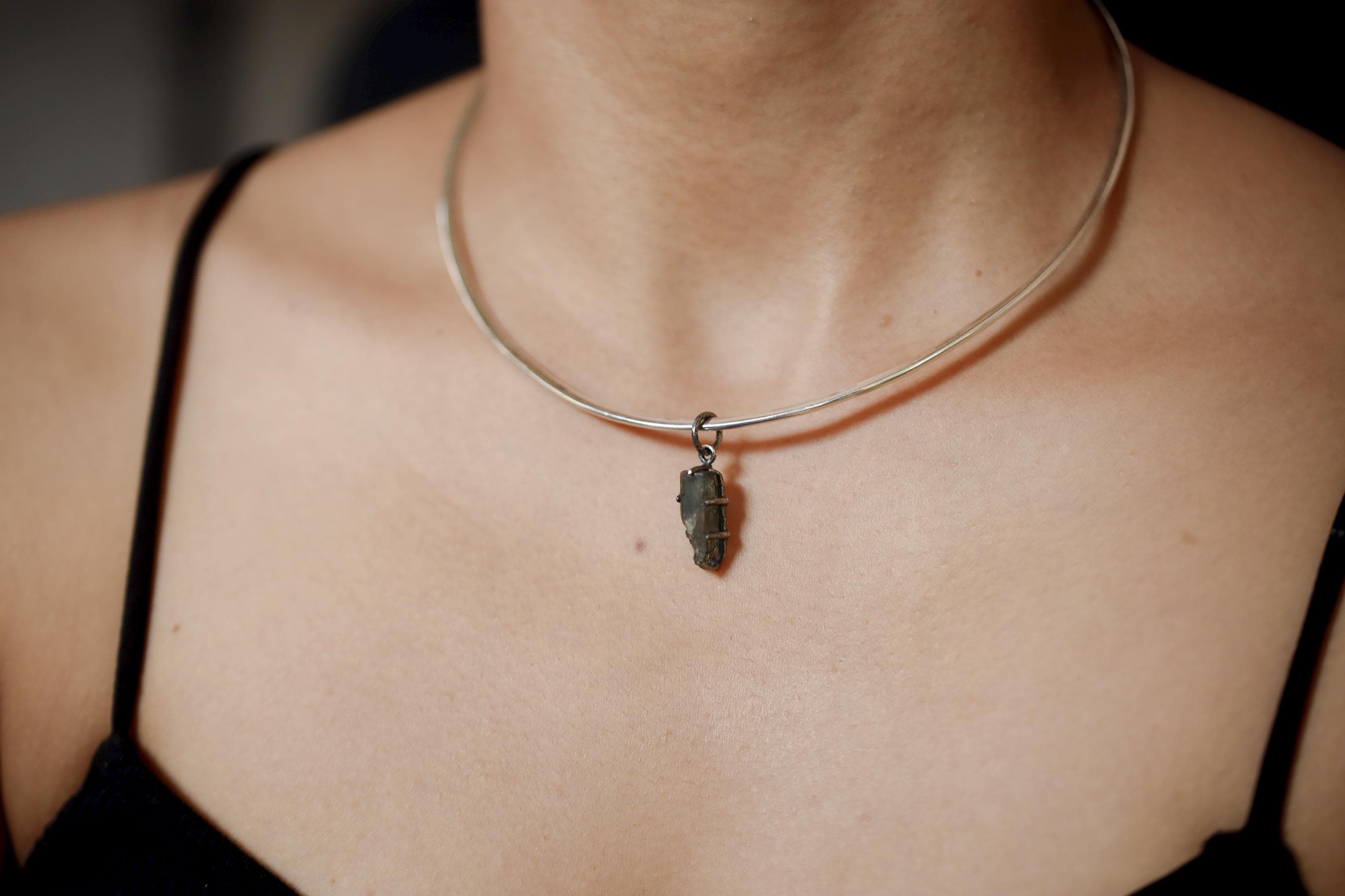 Raw Blue Tourmaline Pendant Sterling Silver Claw Setting Hammered Oxidized Frame High Grade Crystal Talisman Throat Chakra Jewelry