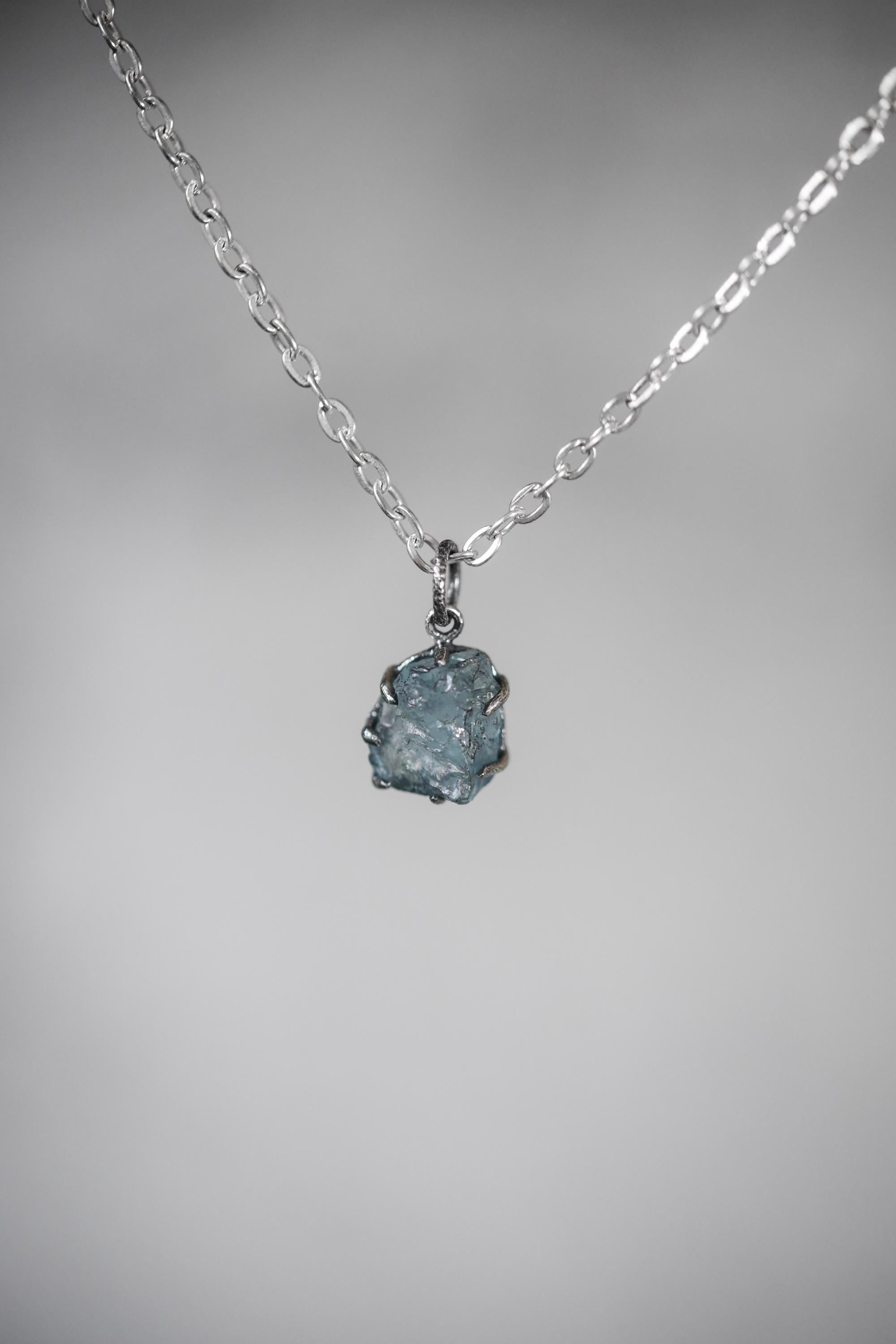 Dark Blue Facet Grade Natural Gem Aquamarine Chunk Pendant Sterling Silver Claw Setting, Hammer Texture, Oxidized Finish, March Birthstone