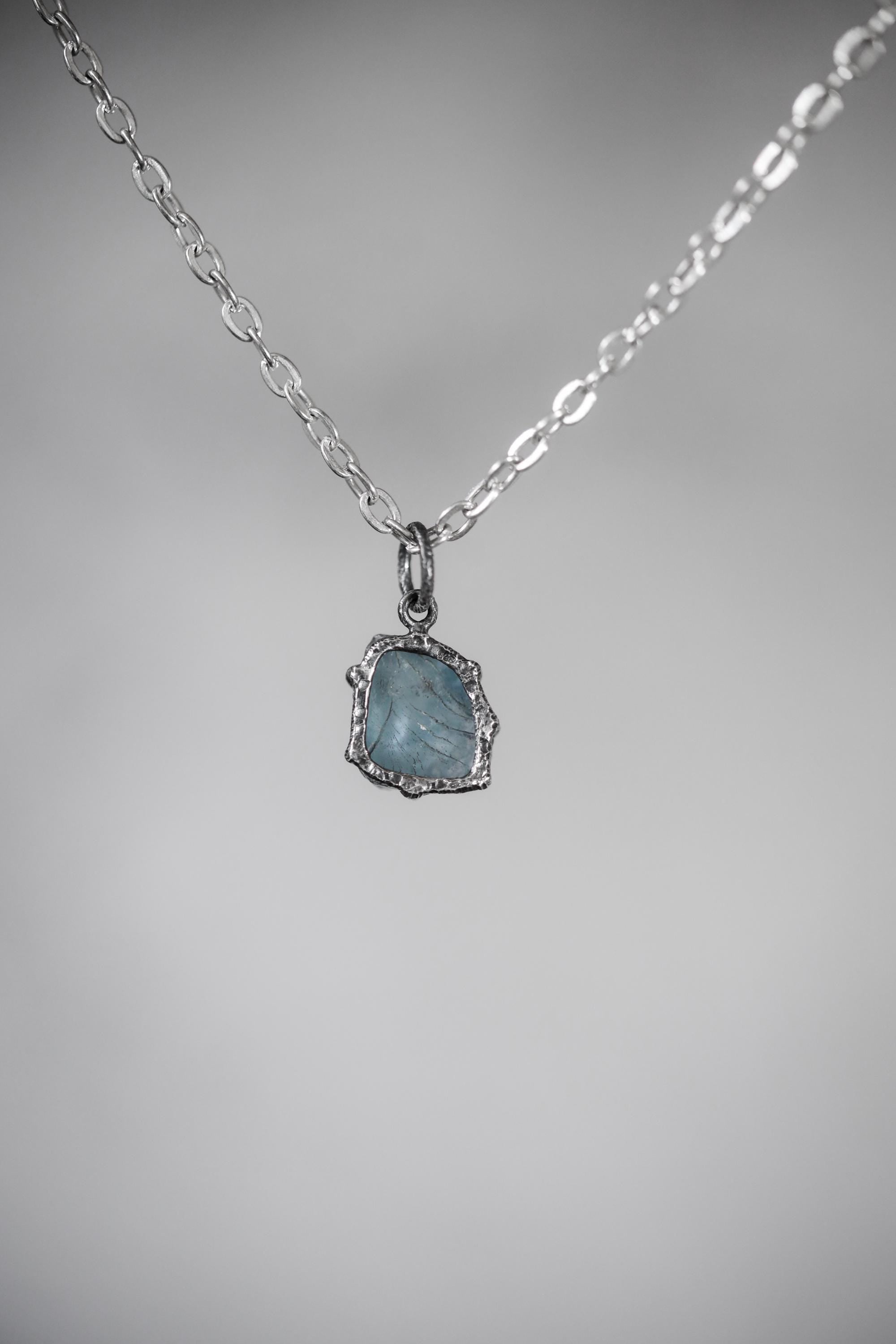 Dark Blue Facet Grade Natural Gem Aquamarine Chunk Pendant Sterling Silver Claw Setting, Hammer Texture, Oxidized Finish, March Birthstone