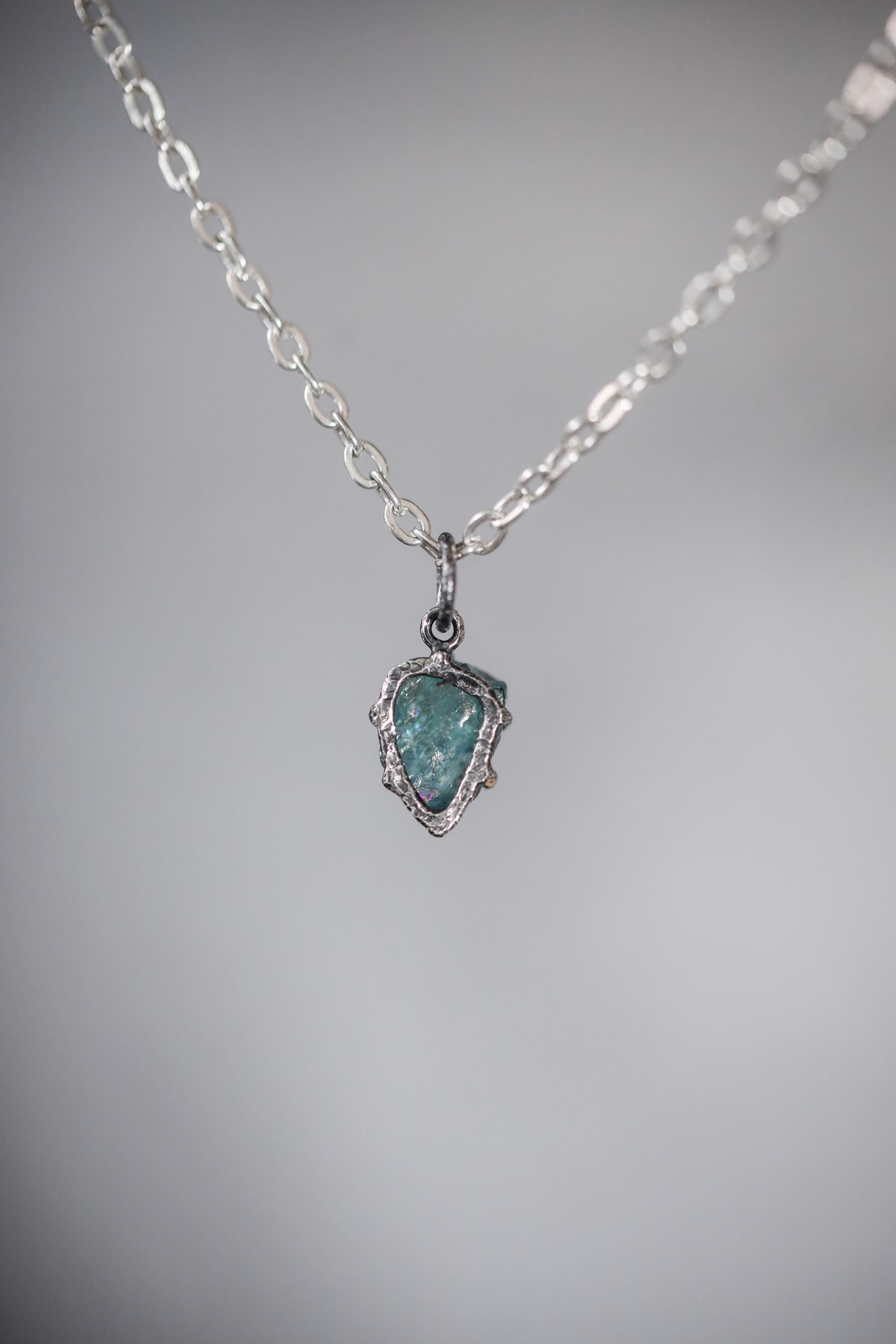 Aqua Blue Facet Grade Natural Gem Aquamarine Chunk, Sterling Silver Pendant, Claw Setting, Hammer Textured & Oxidized, Healing Crystal Gift