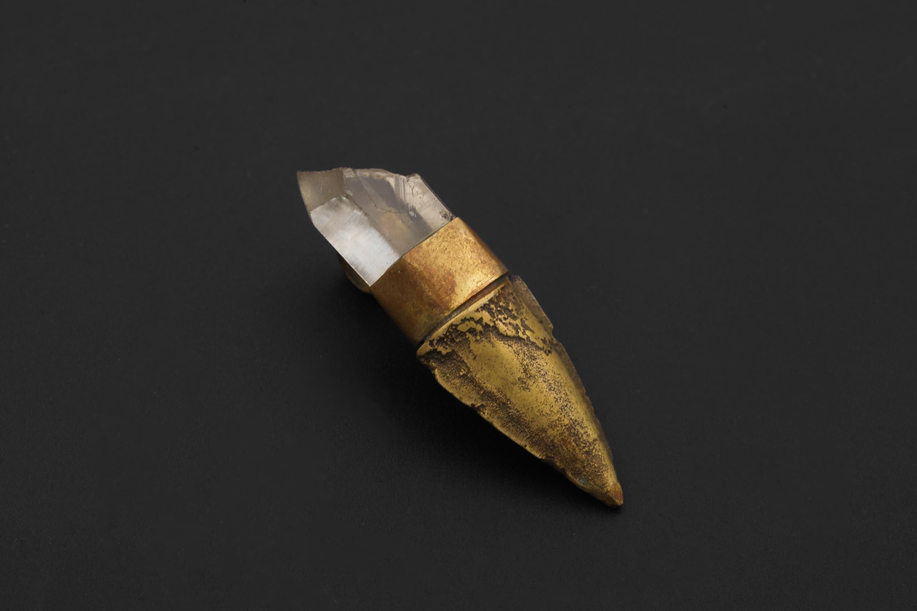 Clear Quartz Torch Pendant, Natural Brass Talisman, Raw Crystal Point, Light Guidance Amulet, Clarity & Protection Jewelry, Unique Gift