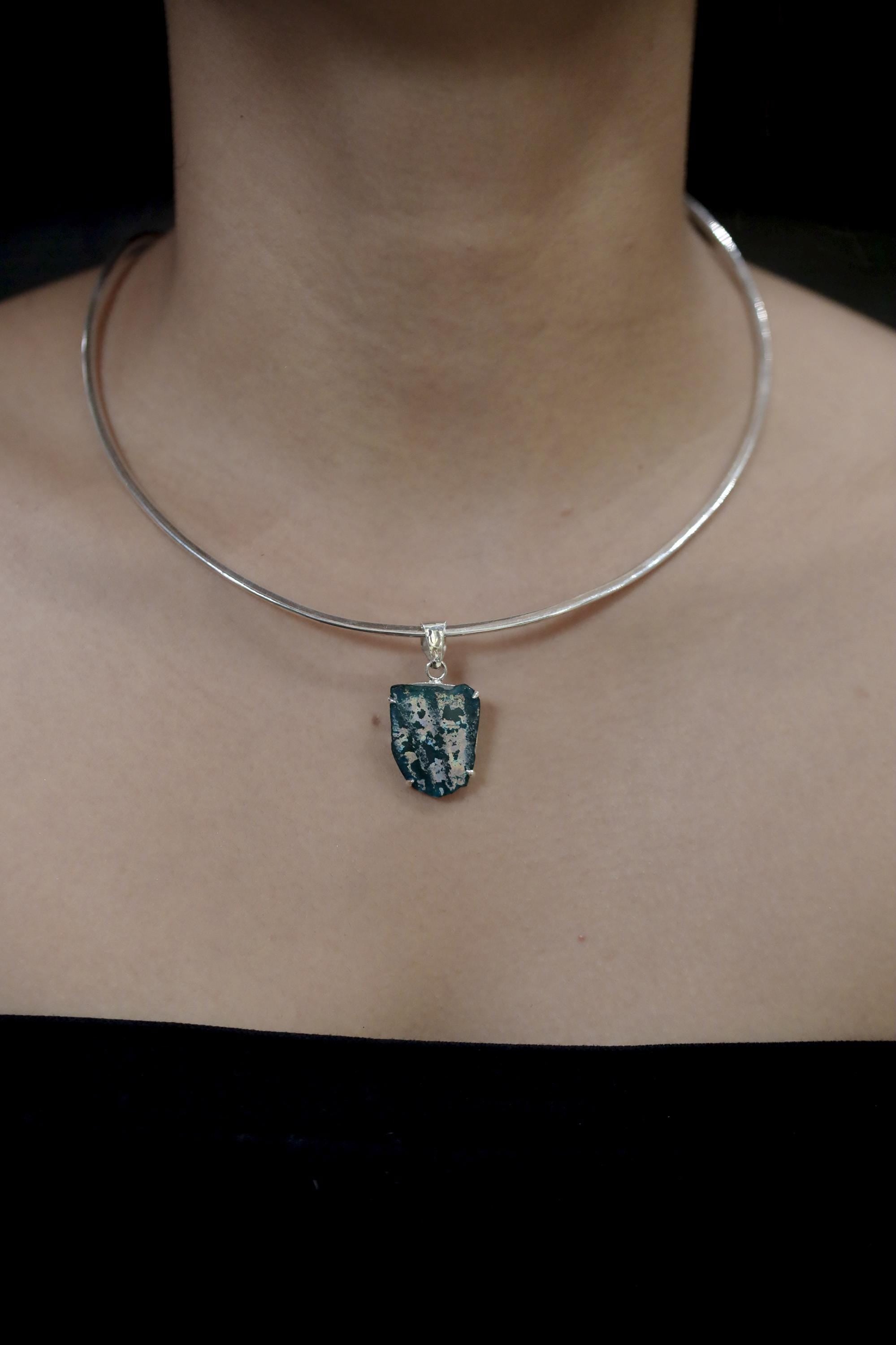 Afghani Opalized Glass Pendant Sterling Silver Raw Iridescent Ancient Relic Necklace Claw Set Jewelry Gift