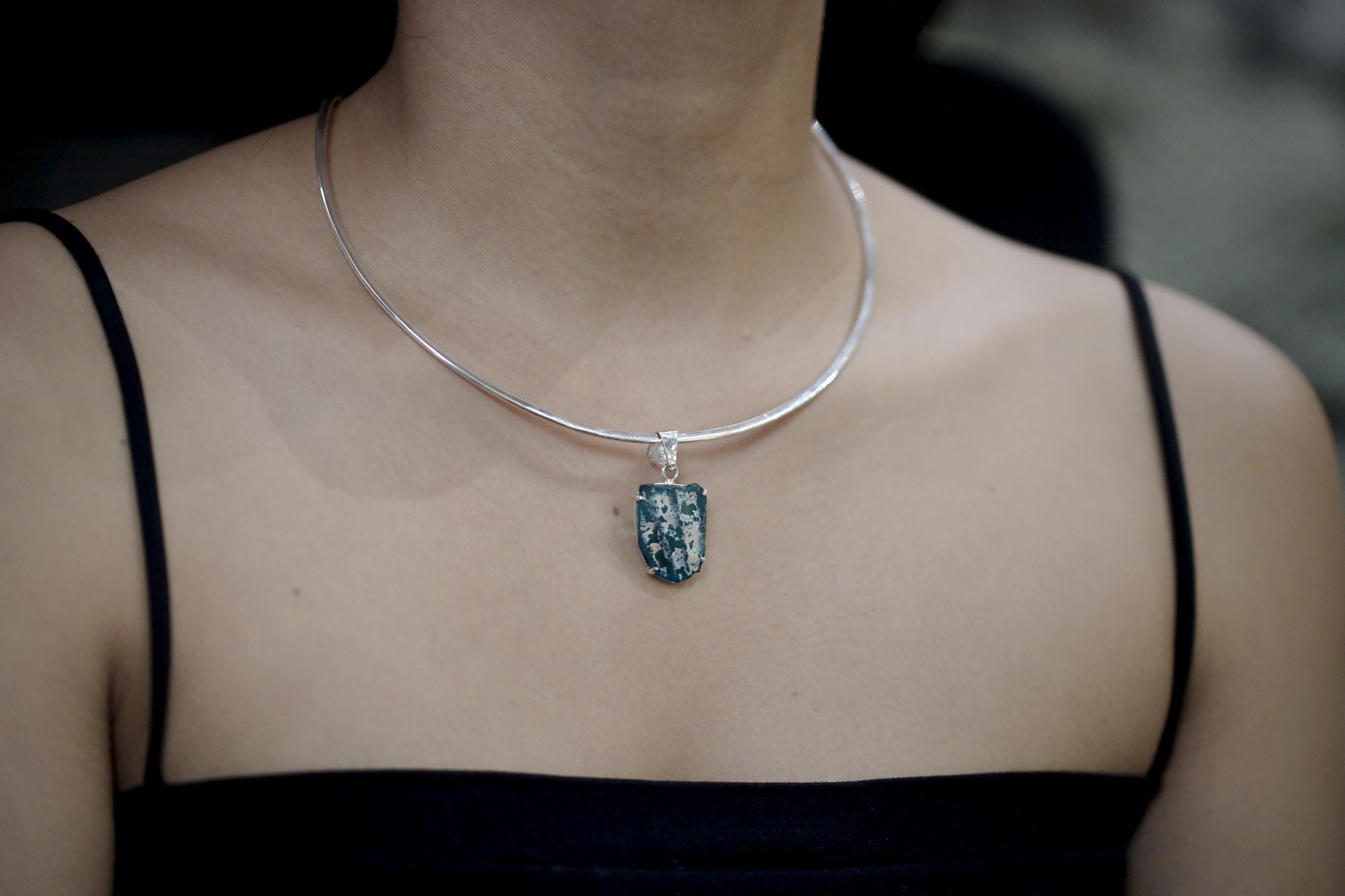 Afghani Opalized Glass Pendant Sterling Silver Raw Iridescent Ancient Relic Necklace Claw Set Jewelry Gift