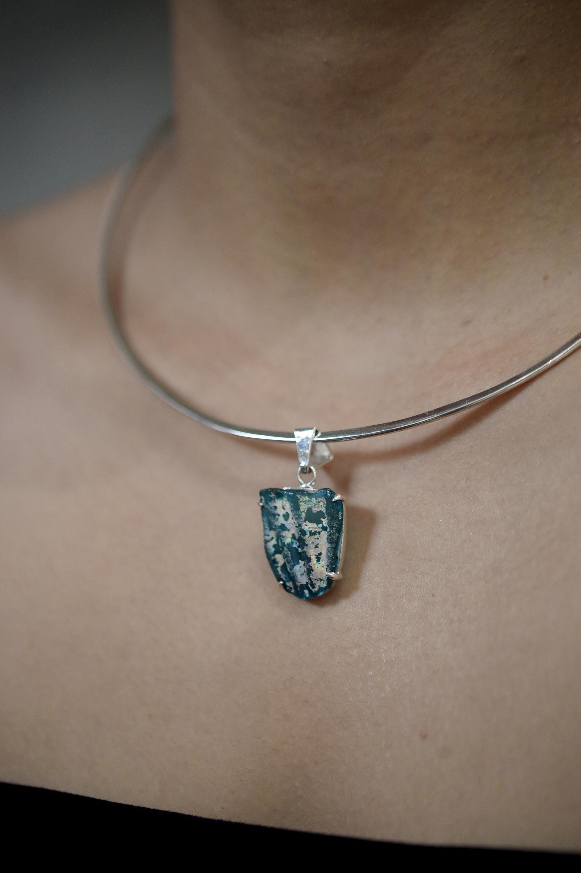 Afghani Opalized Glass Pendant Sterling Silver Raw Iridescent Ancient Relic Necklace Claw Set Jewelry Gift