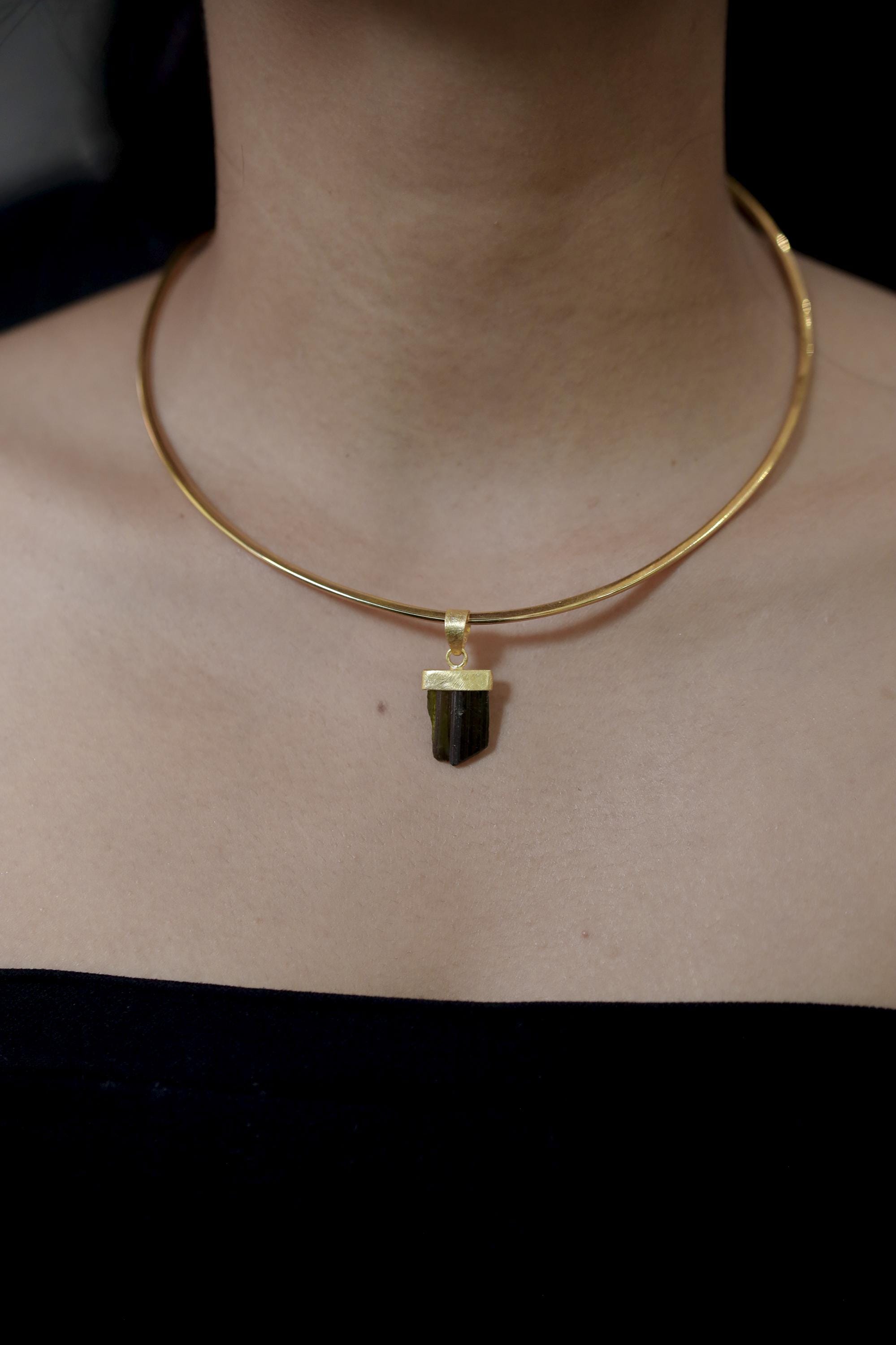 Raw Green Tourmaline Pendant, 925 Silver, 18K Gold Plated, Triangular Bail, Brushed Texture Finish, Heart Chakra Crystal Jewelry