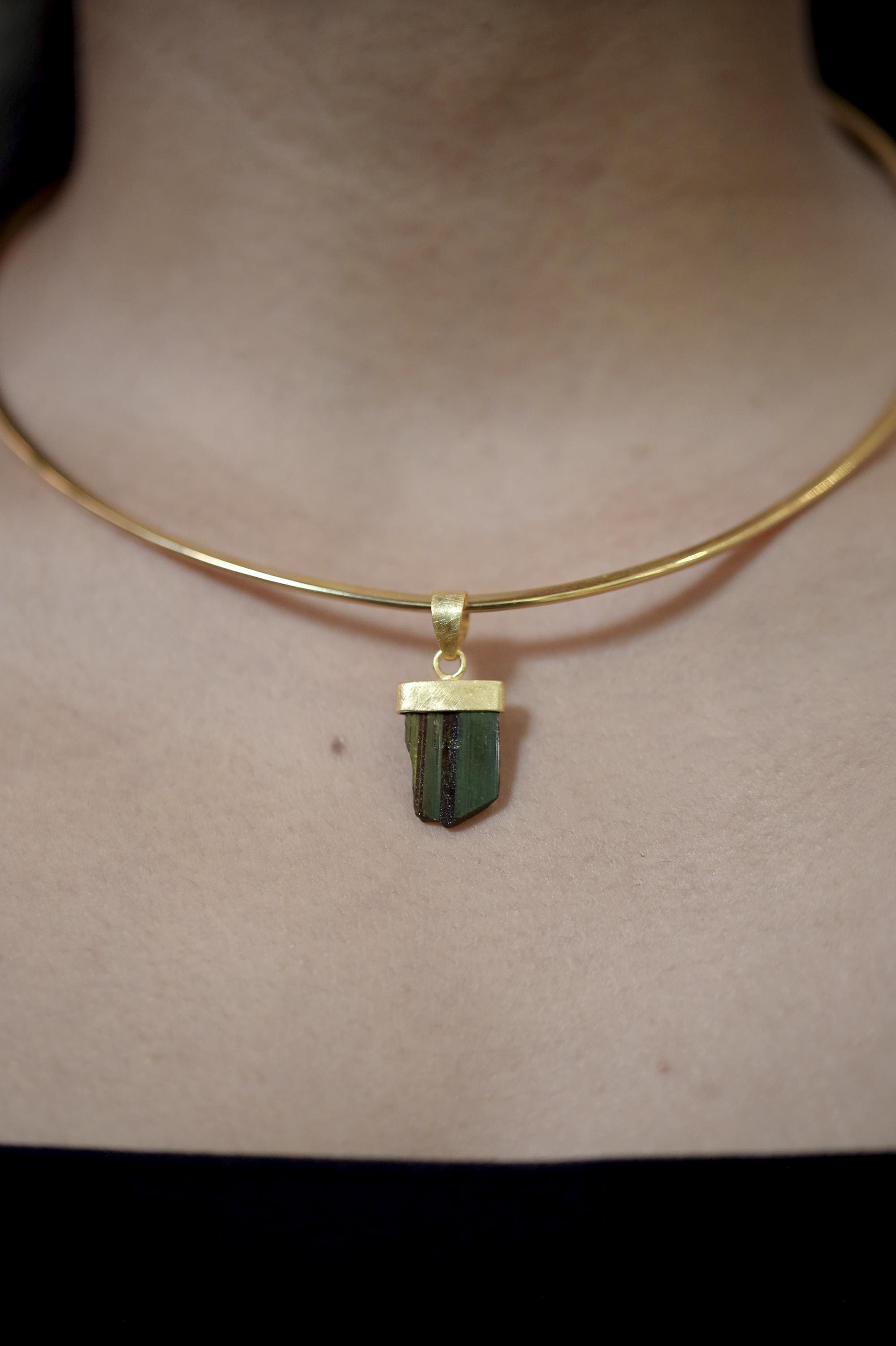 Raw Green Tourmaline Pendant, 925 Silver, 18K Gold Plated, Triangular Bail, Brushed Texture Finish, Heart Chakra Crystal Jewelry