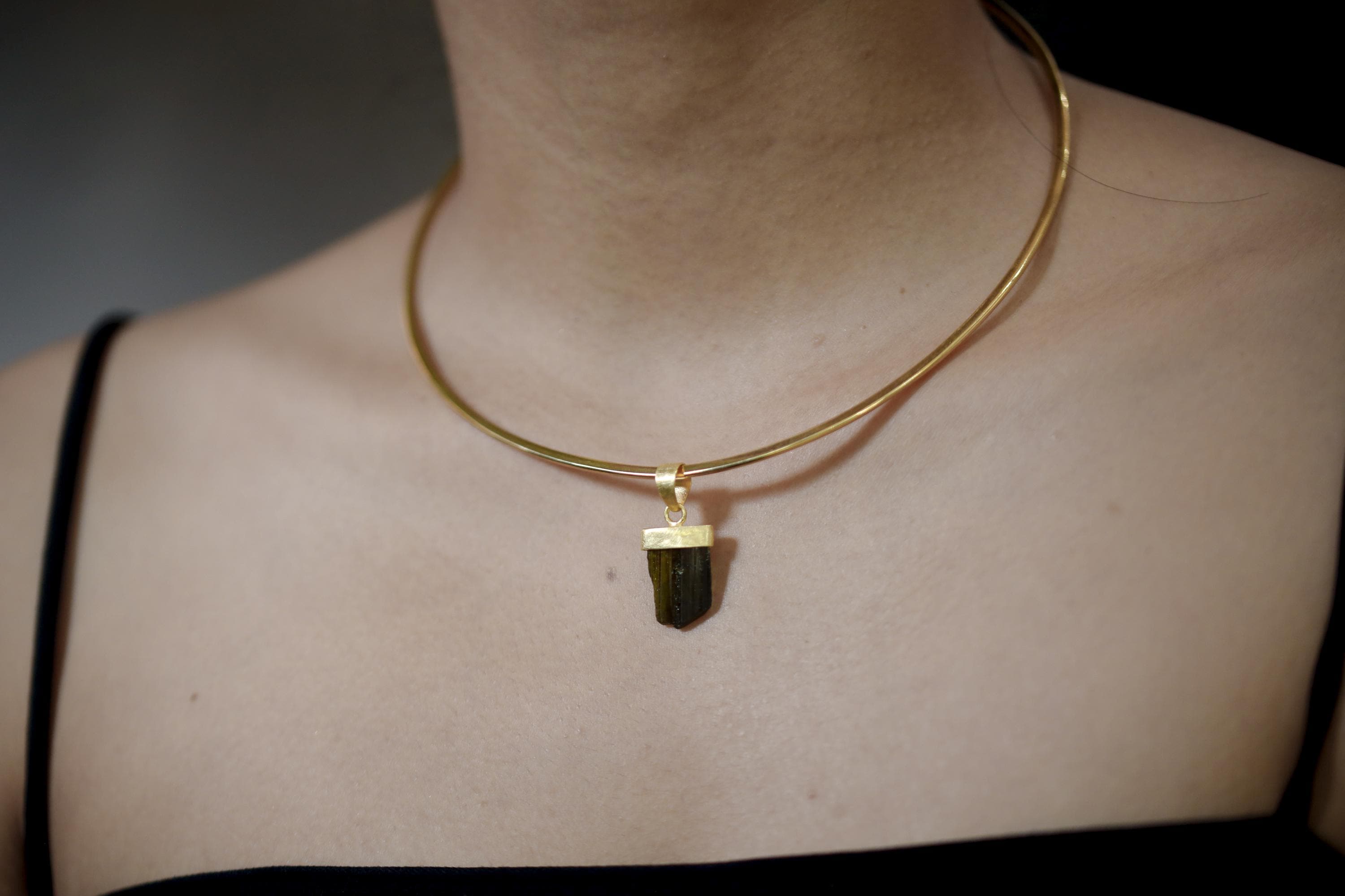 Raw Green Tourmaline Pendant, 925 Silver, 18K Gold Plated, Triangular Bail, Brushed Texture Finish, Heart Chakra Crystal Jewelry