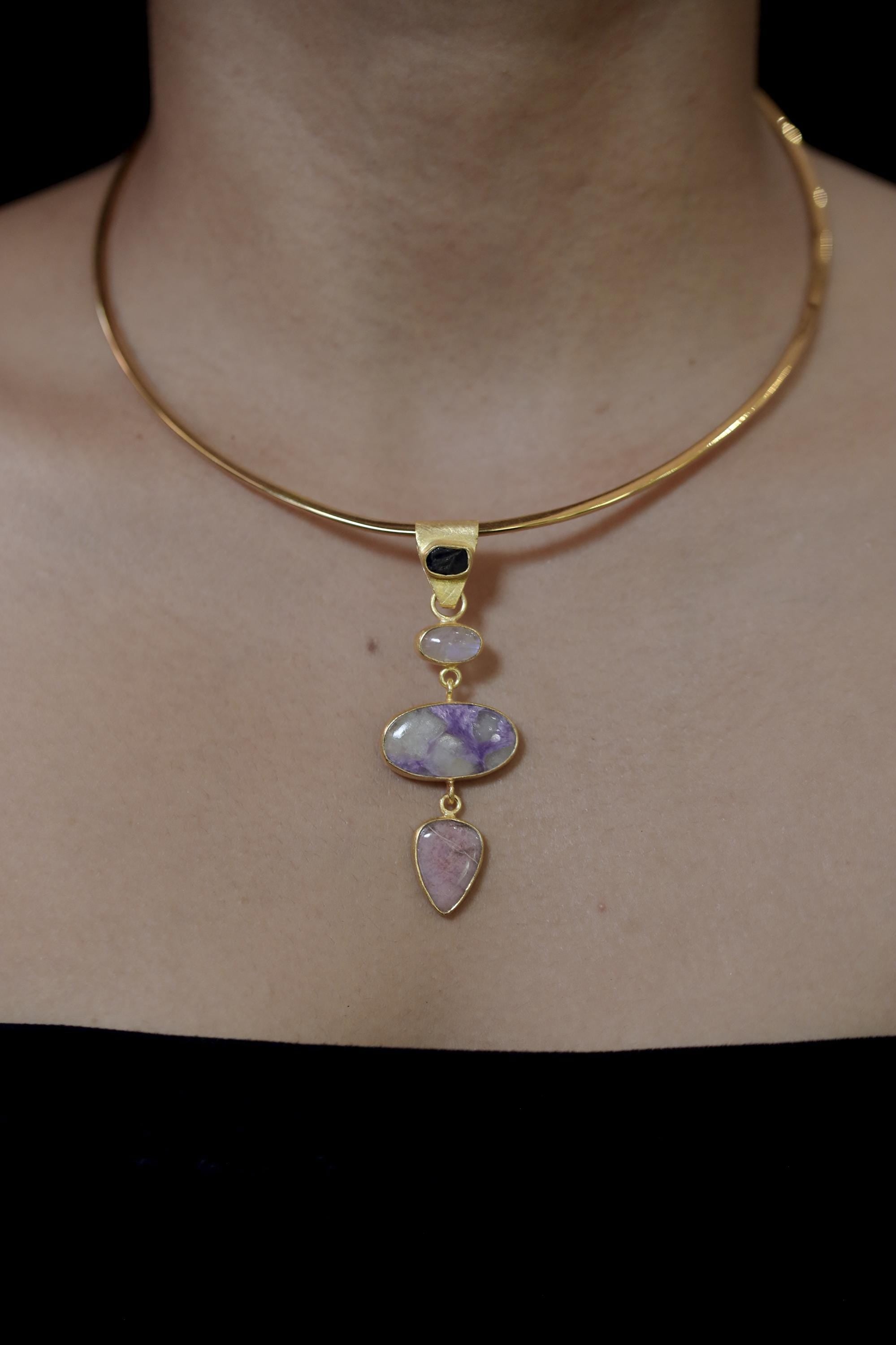 Sapphire Moonstone Charoite Rhodochrosite Pendant 18K Gold Plated 3 Micron, 925 Silver, Spiritual Jewelry, Heart & Crown Chakra Energy