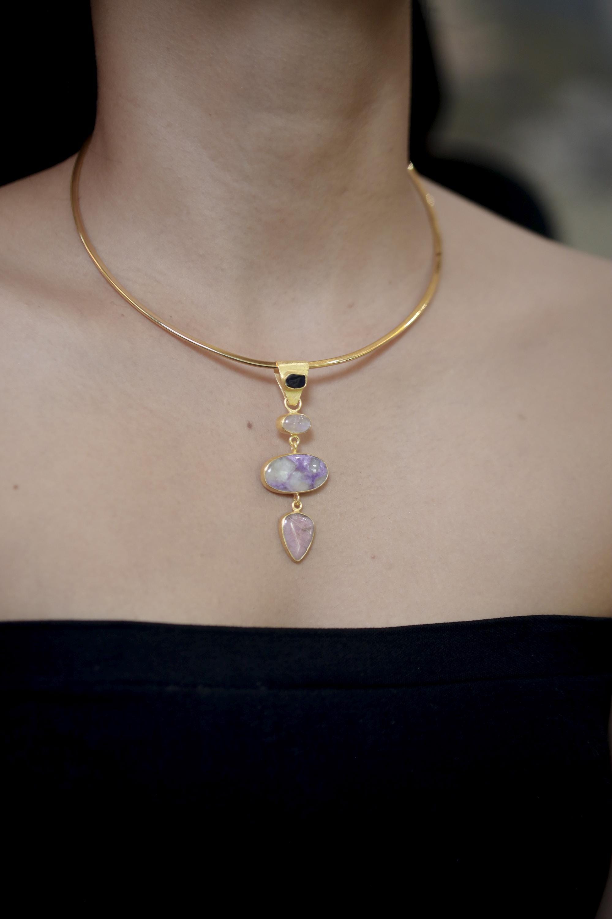 Sapphire Moonstone Charoite Rhodochrosite Pendant 18K Gold Plated 3 Micron, 925 Silver, Spiritual Jewelry, Heart & Crown Chakra Energy