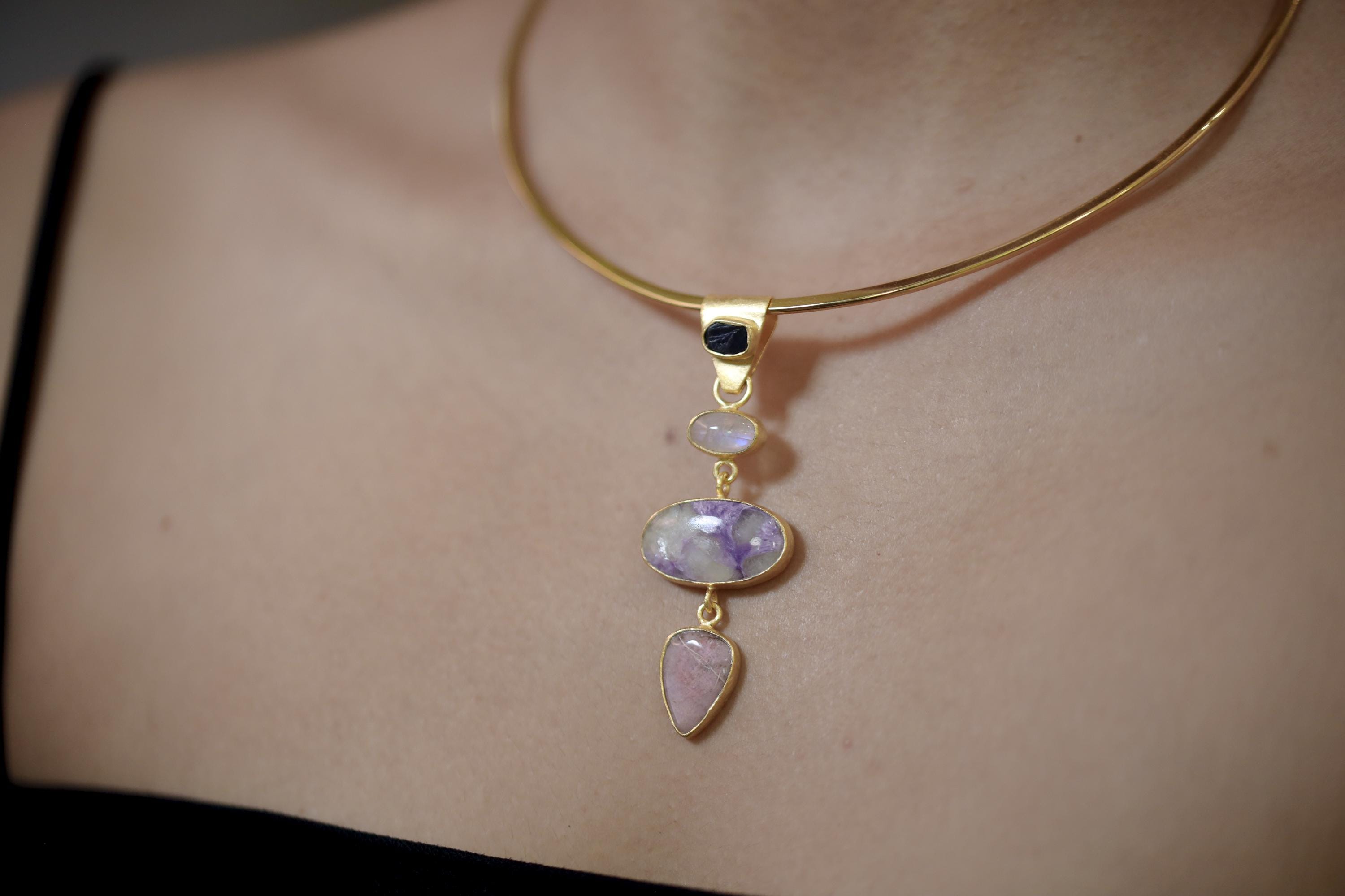 Sapphire Moonstone Charoite Rhodochrosite Pendant 18K Gold Plated 3 Micron, 925 Silver, Spiritual Jewelry, Heart & Crown Chakra Energy