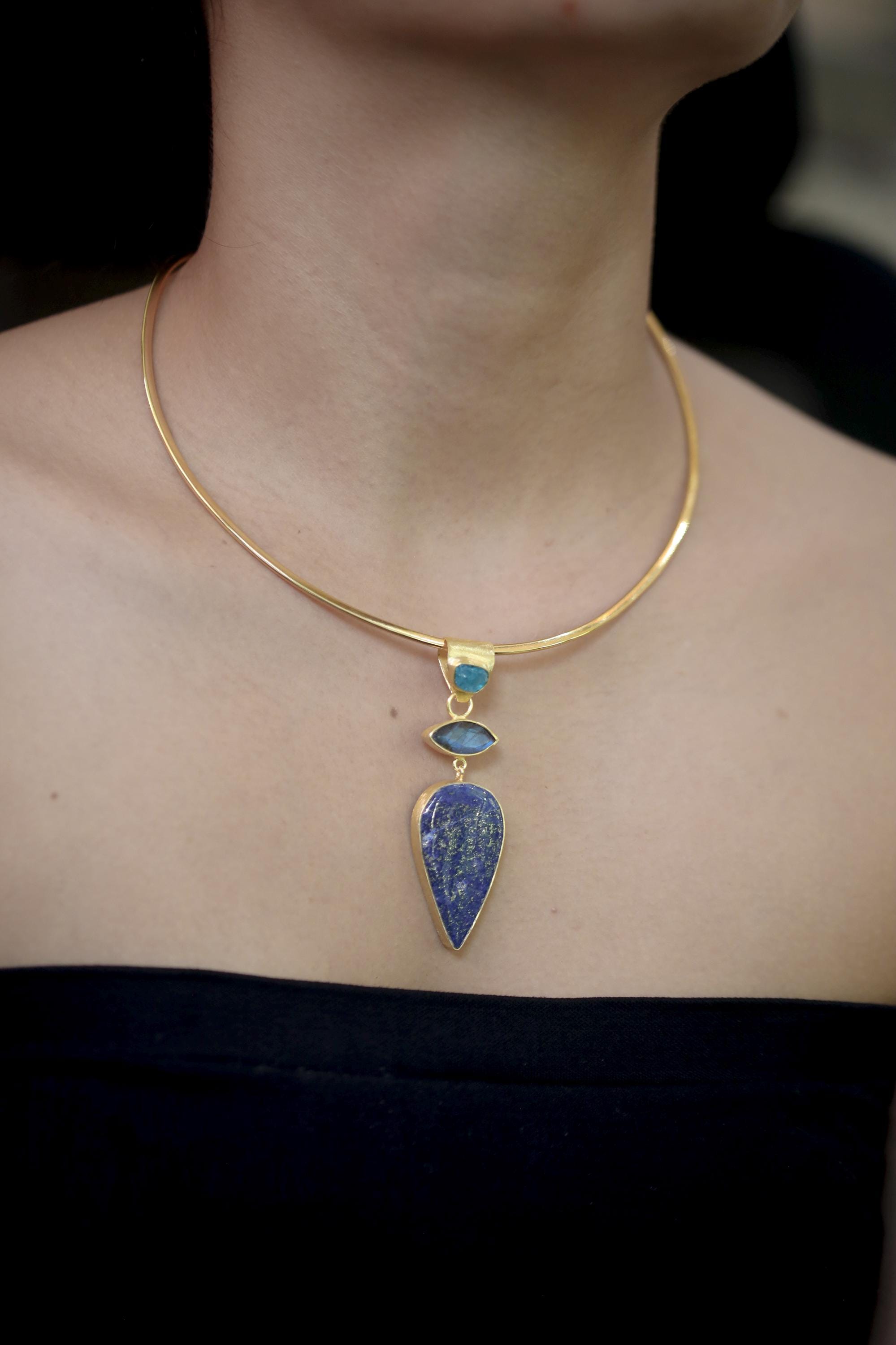 Apatite Labradorite Lapis Lazuli Pendant 18K Gold Plated 925 Silver, Brushed Textured Statement Crystal Jewelry, Blue Chakra Healing Gift