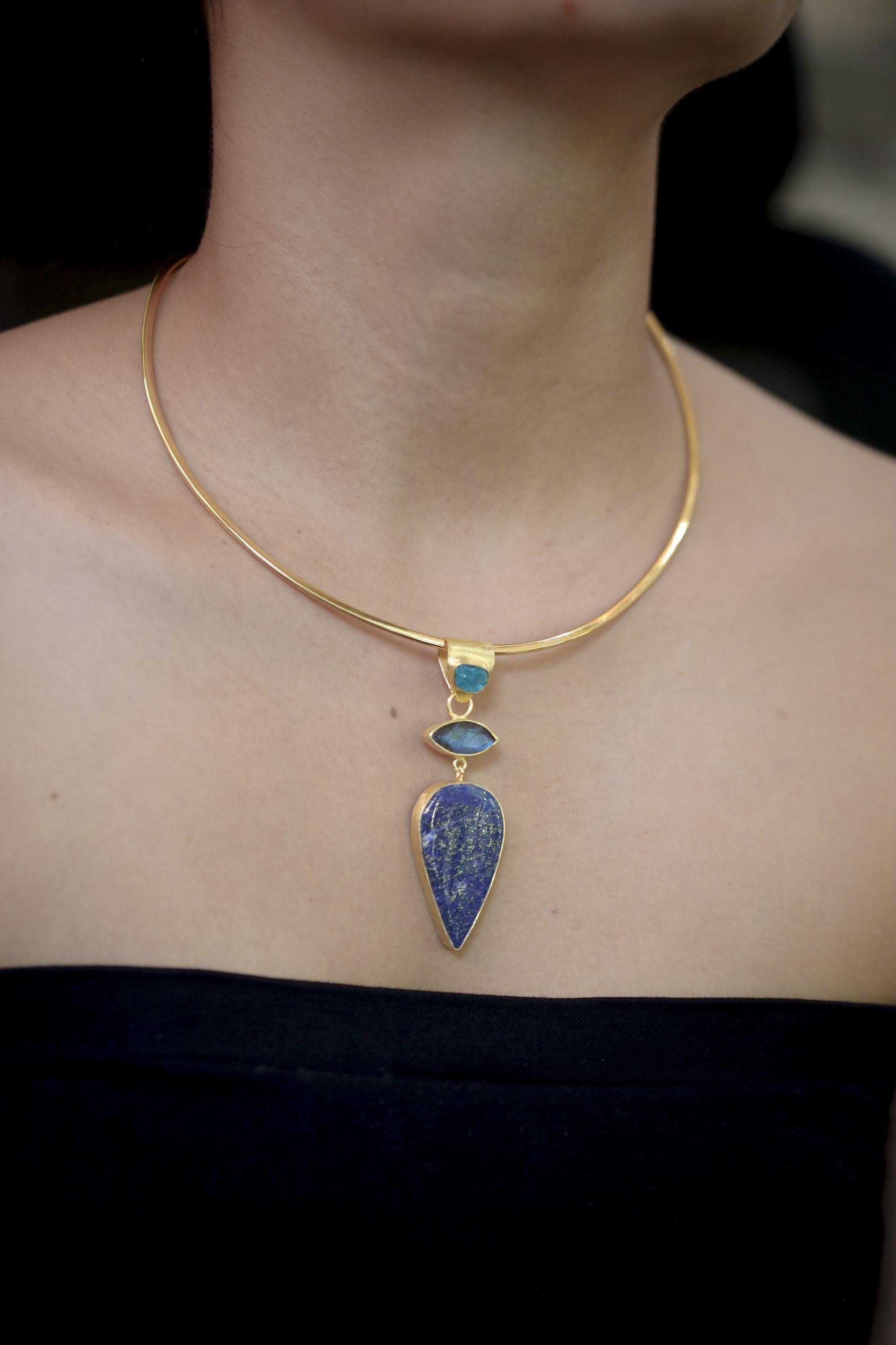 Lapis Lazuli Apatite Labradorite Pendant 925 Silver Gold Plated Brushed Texture Blue Gemstone Jewelry