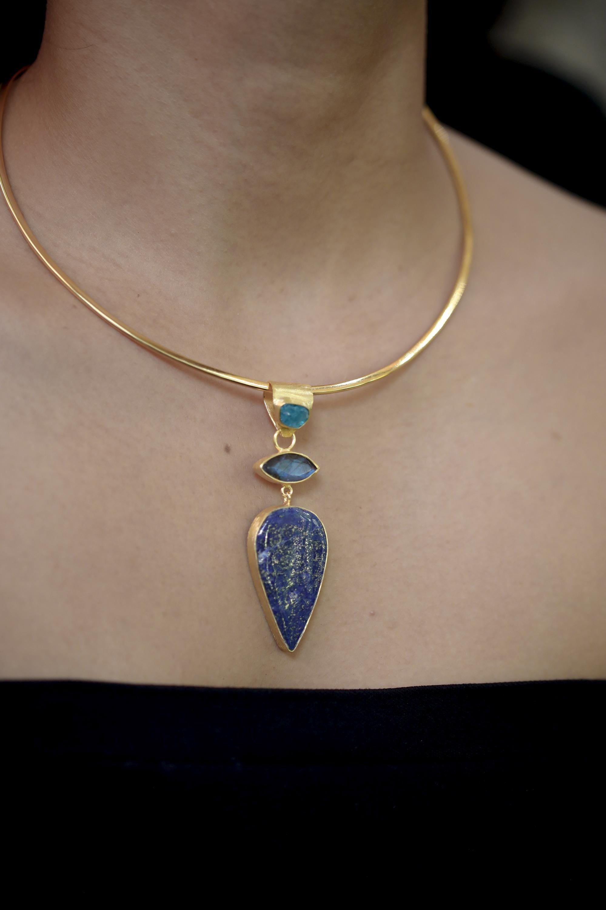 Apatite Labradorite Lapis Lazuli Pendant 18K Gold Plated 925 Silver, Brushed Textured Statement Crystal Jewelry, Blue Chakra Healing Gift