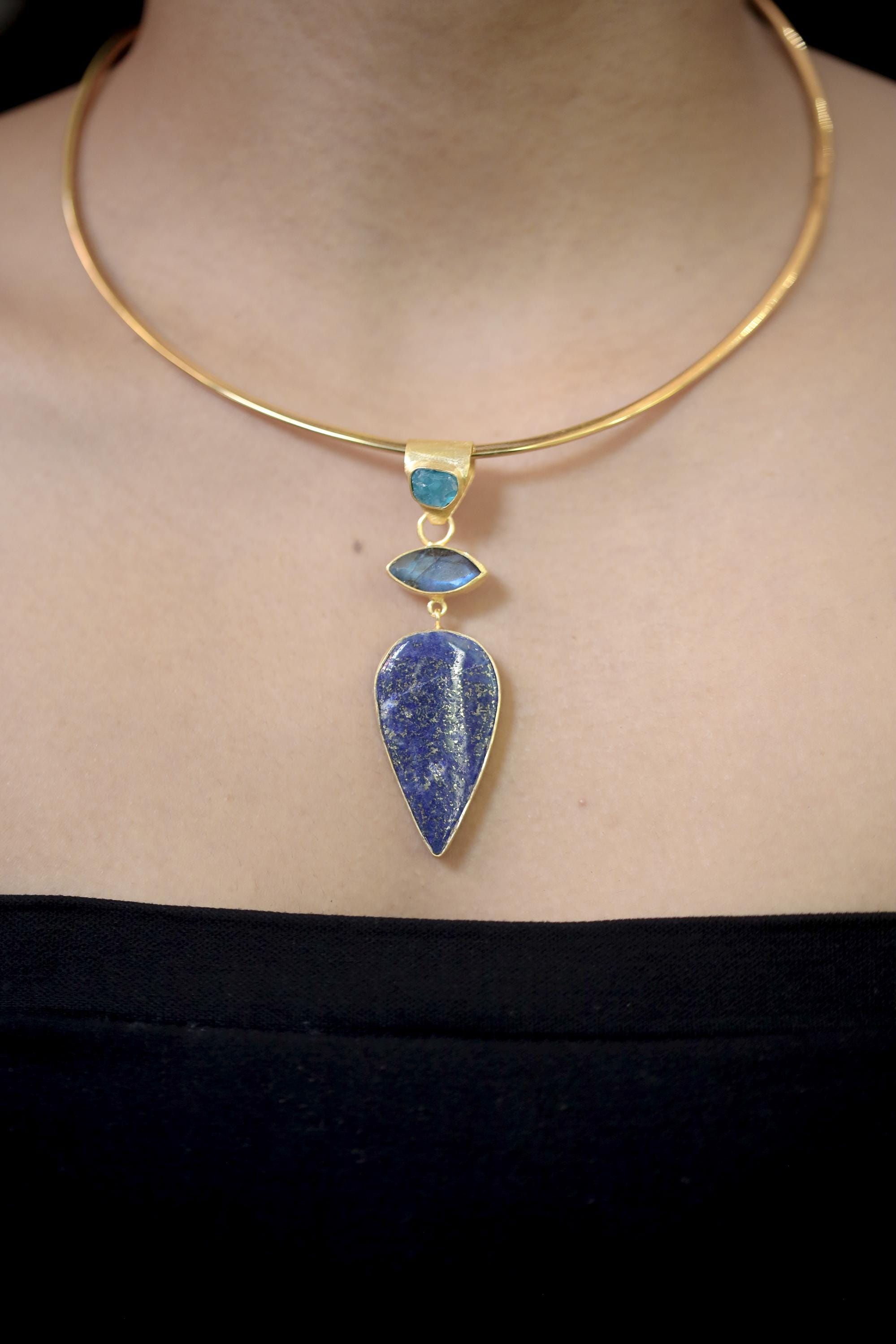 Apatite Labradorite Lapis Lazuli Pendant 18K Gold Plated 925 Silver, Brushed Textured Statement Crystal Jewelry, Blue Chakra Healing Gift