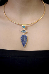 Apatite Labradorite Lapis Lazuli Pendant 18K Gold Plated 925 Silver, Brushed Textured Statement Crystal Jewelry, Blue Chakra Healing Gift