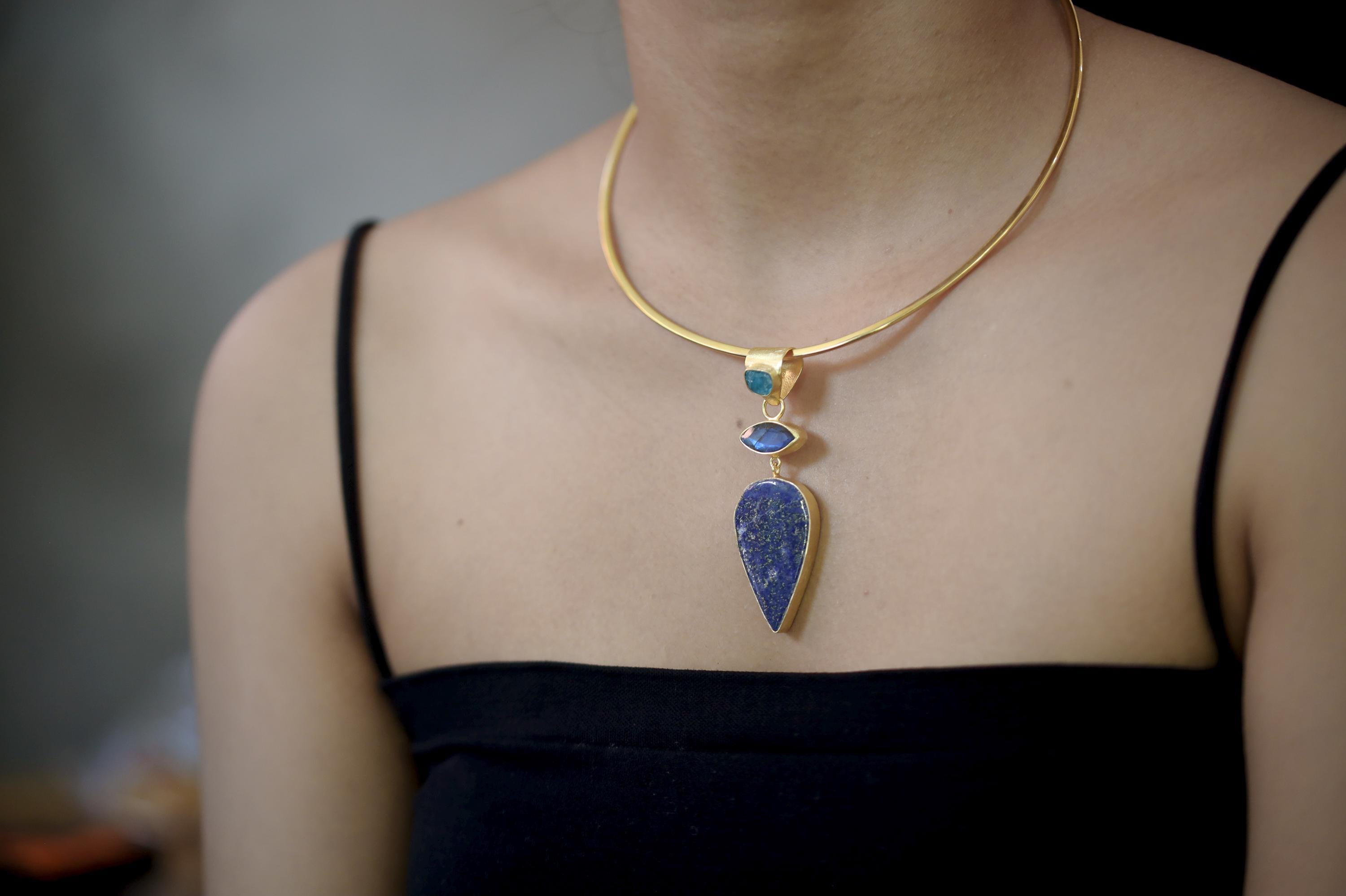 Apatite Labradorite Lapis Lazuli Pendant 18K Gold Plated 925 Silver, Brushed Textured Statement Crystal Jewelry, Blue Chakra Healing Gift