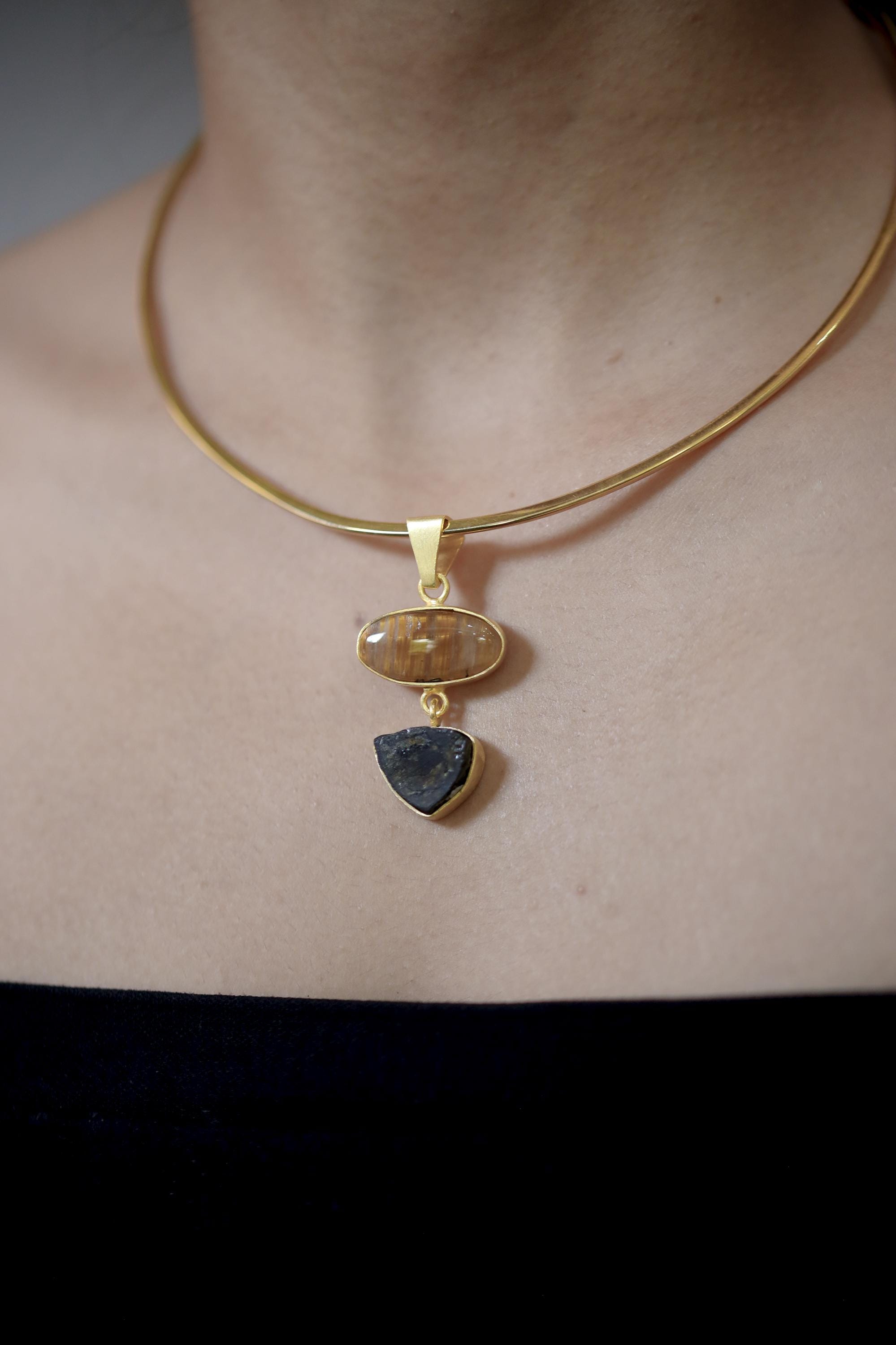 Golden Rutile & Dravite Brown Tourmaline Pendant, 18K Gold Plated 925 Silver, Brushed Textured Talisman, Chakra Energy, Handmade Jewelry