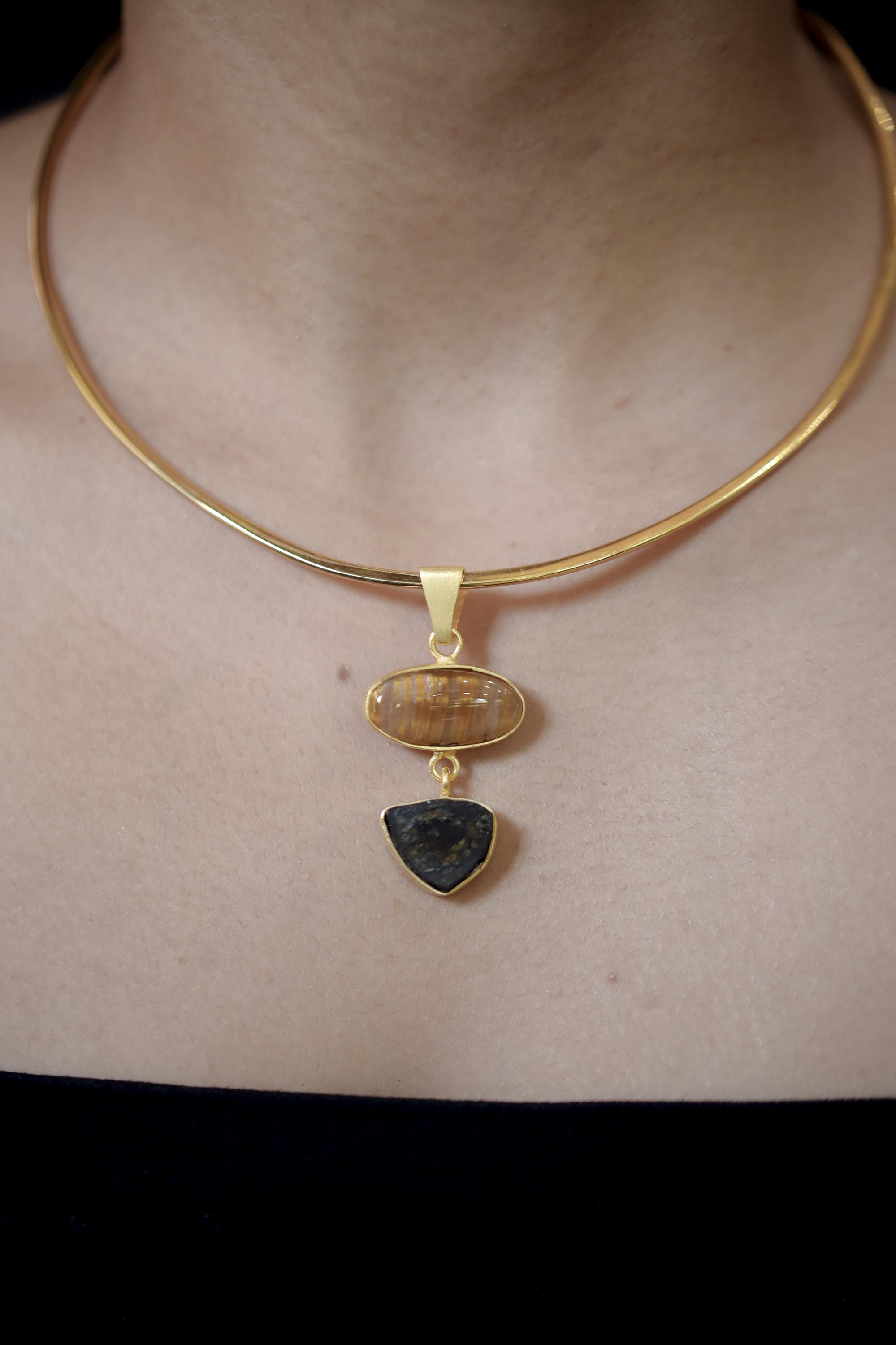 Golden Rutile & Dravite Brown Tourmaline Pendant, 18K Gold Plated 925 Silver, Brushed Textured Talisman, Chakra Energy, Handmade Jewelry