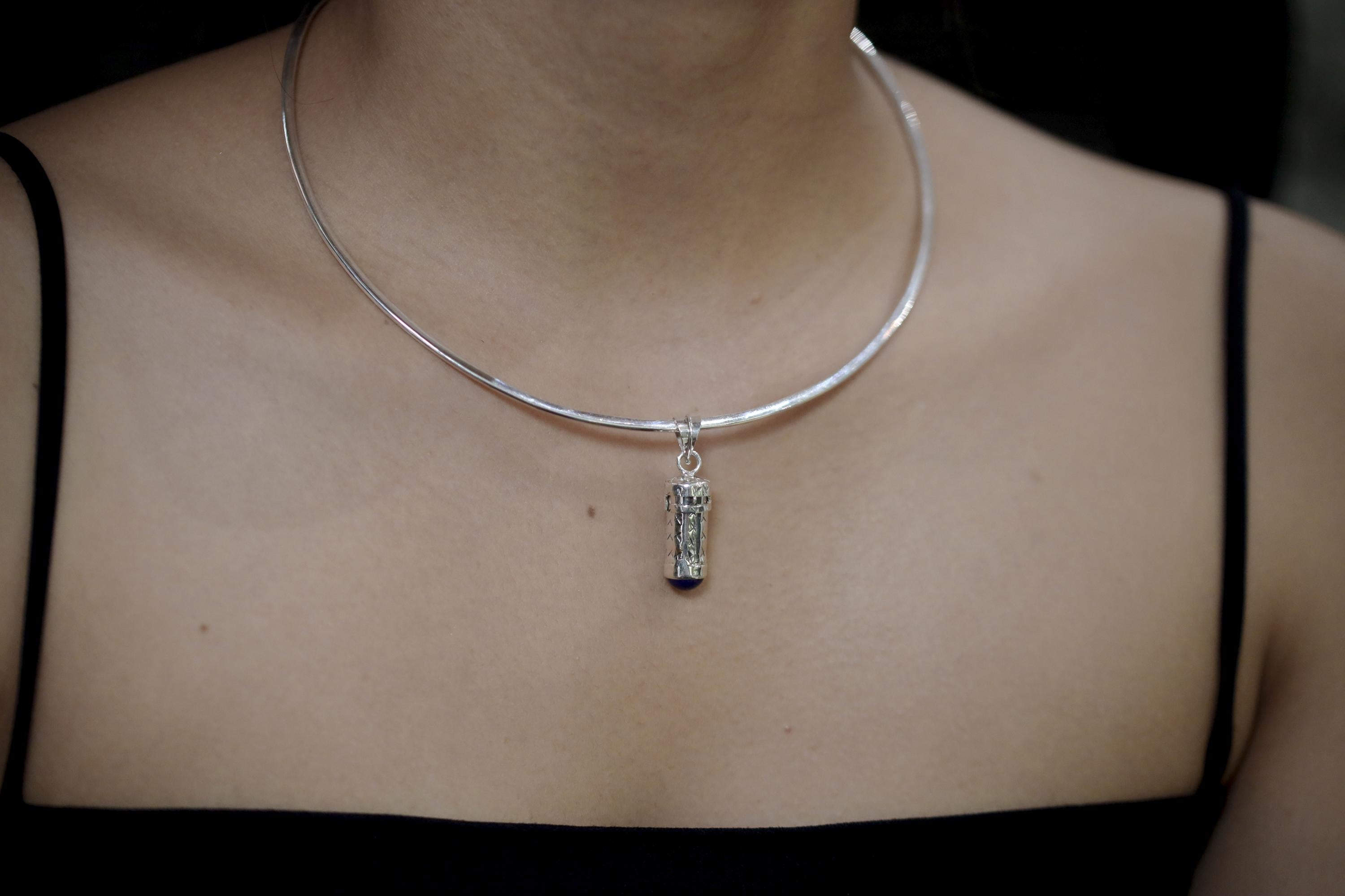 Silver Capsule Pendant Lapis Lazuli 925 Secret Holder Necklace High Polish Functional Keepsake Jewelry Gift