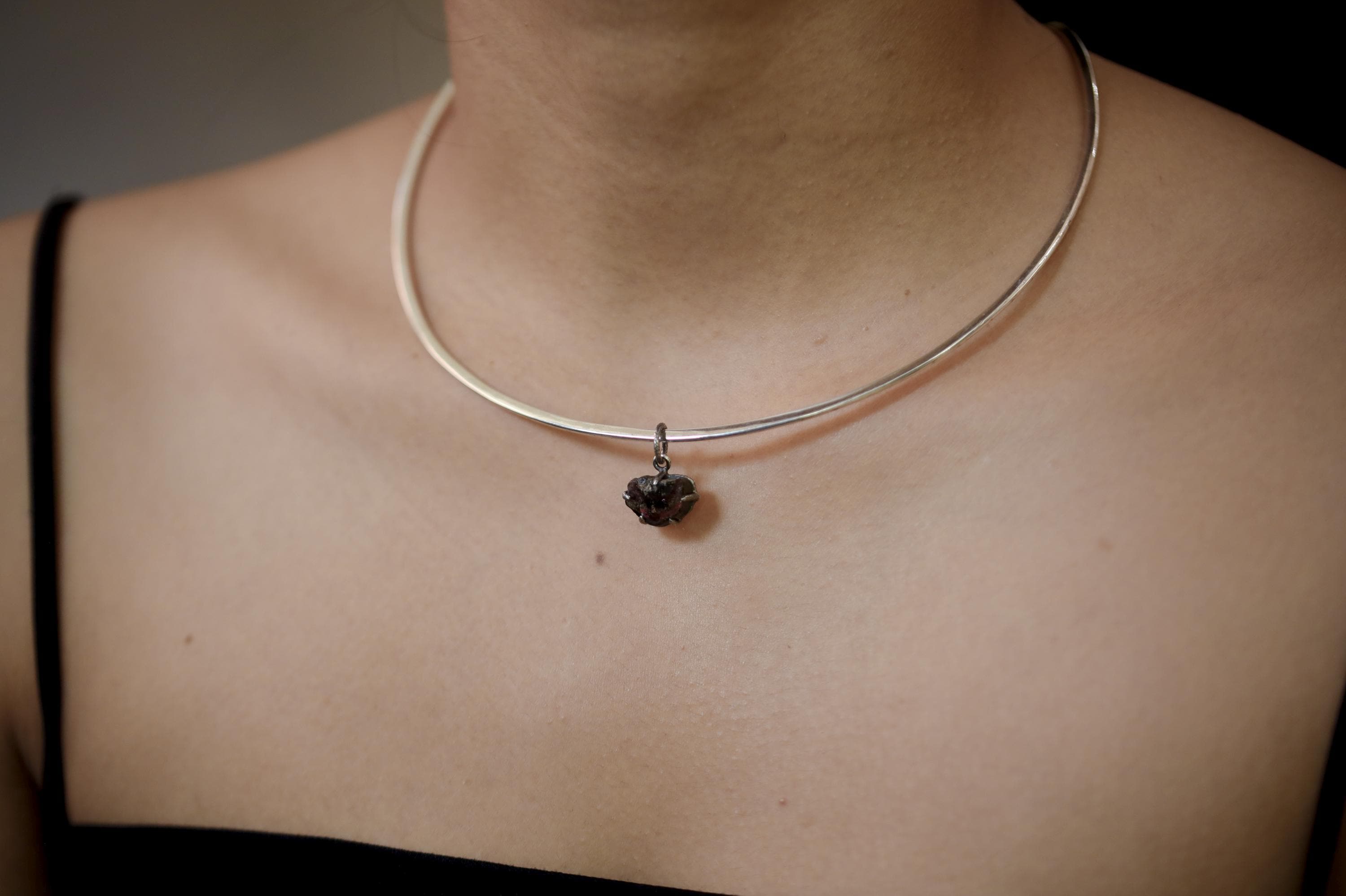 Polished slice of Natural Gem Pink Tourmaline (Rubellite) Wand Pendant, 925 Sterling Silver, Oxidized Hammer Texture, Crystal Jewelry Gift