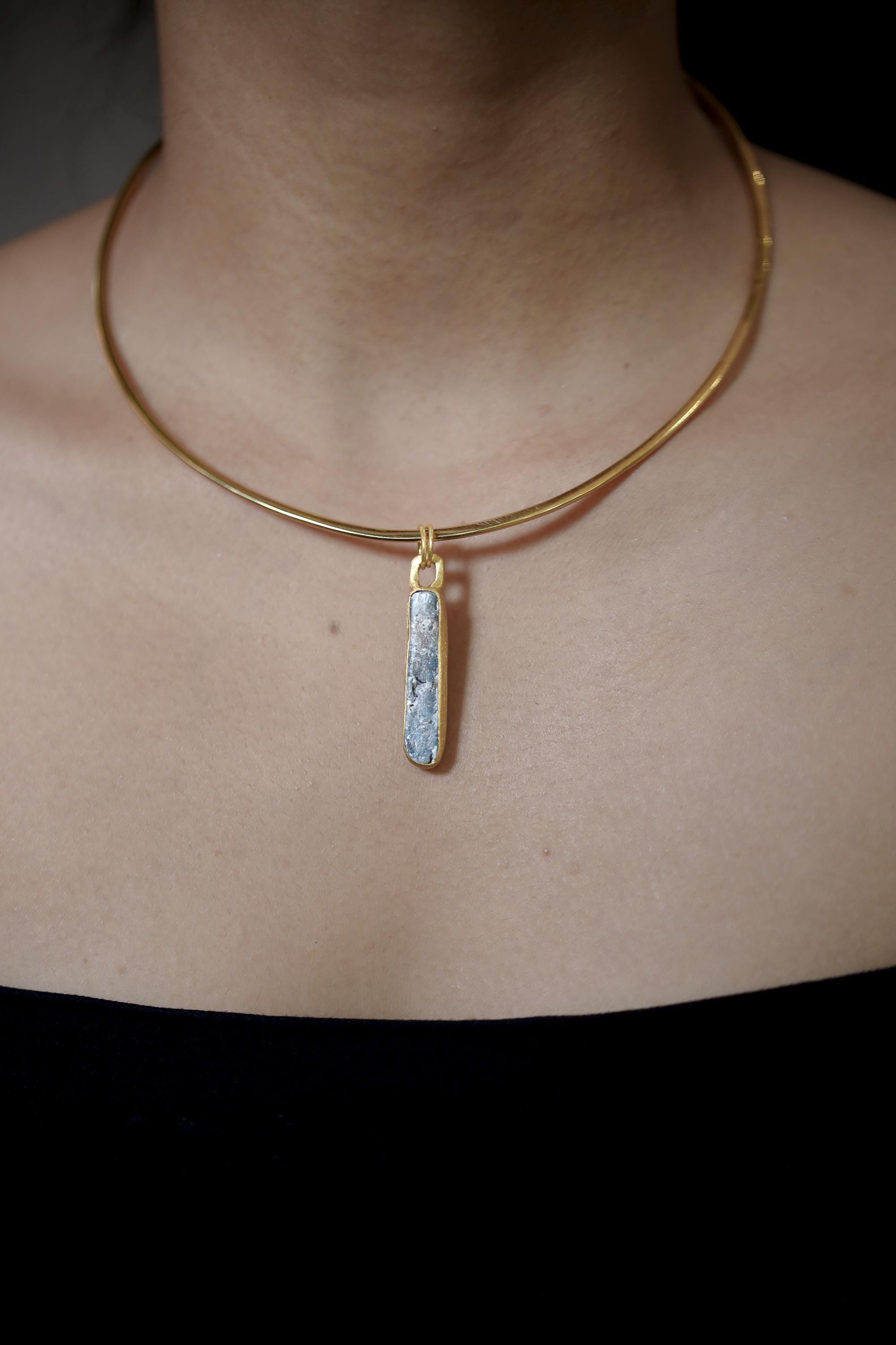 Australian Ocean Kyanite Pendant, 925 Silver, 18K Gold Plated, Raw Long Bar Necklace, Sand Textured Finish, Pisces Healing Jewelry
