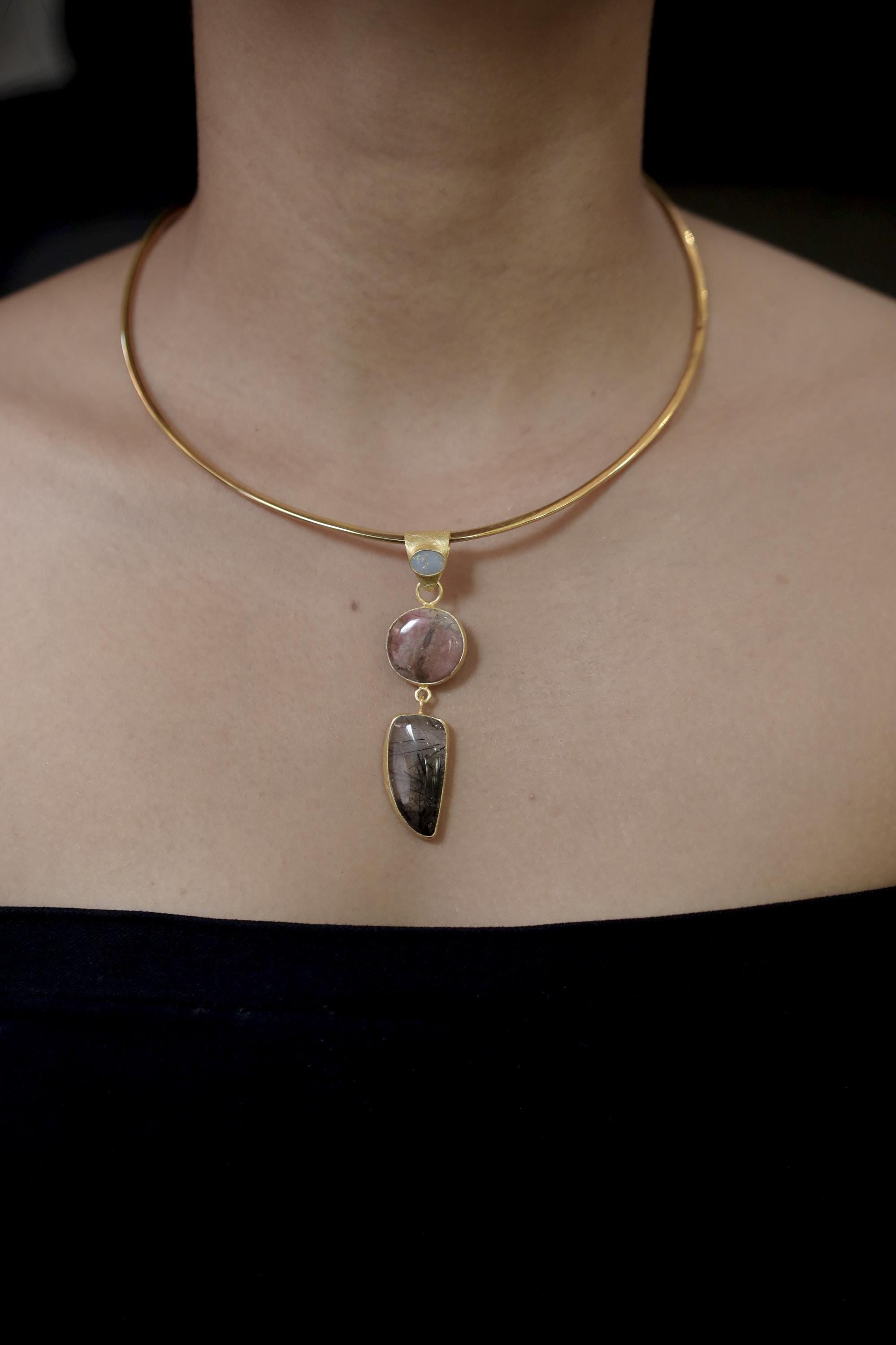 Australian Opal Rhodochrosite Rutilated Quartz Pendant 18K Gold Plated 925 Silver, Brushed Textured, Crystal Jewelry, Handmade Talisman Gift