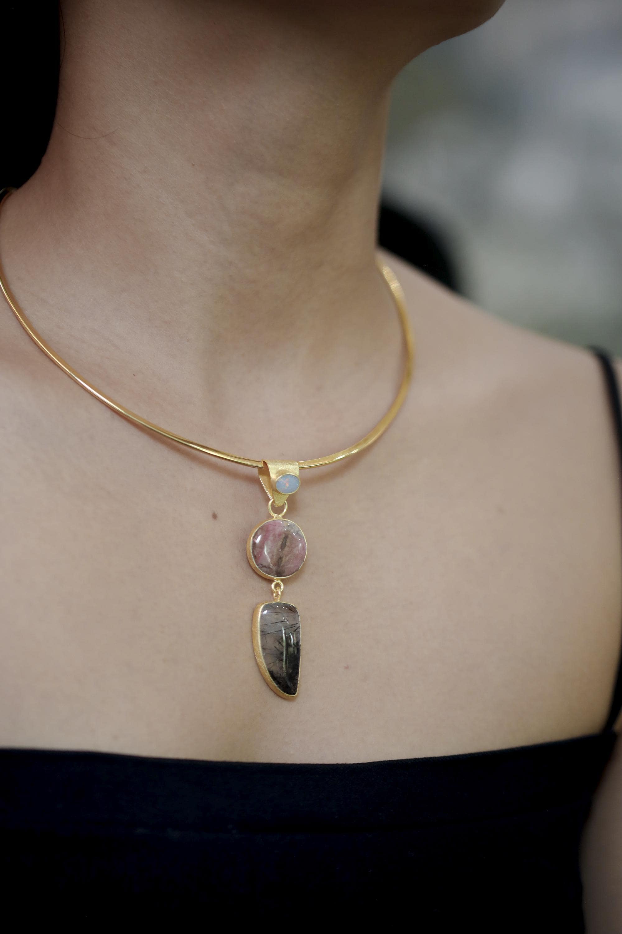 Australian Opal Rhodochrosite Rutilated Quartz Pendant 18K Gold Plated 925 Silver, Brushed Textured, Crystal Jewelry, Handmade Talisman Gift