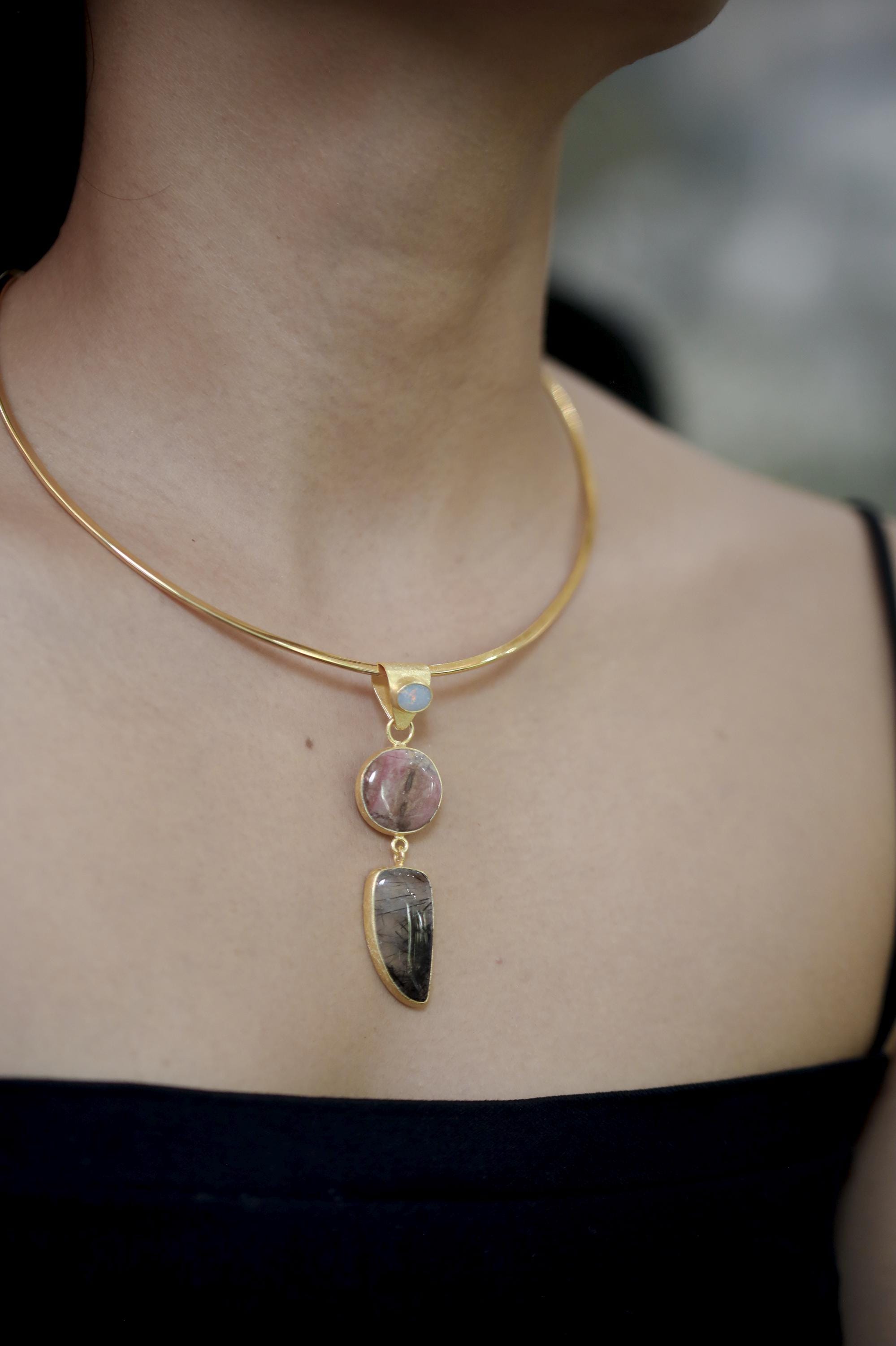 Australian Opal Rhodochrosite Rutilated Quartz Pendant 18K Gold Plated 925 Silver, Brushed Textured, Crystal Jewelry, Handmade Talisman Gift