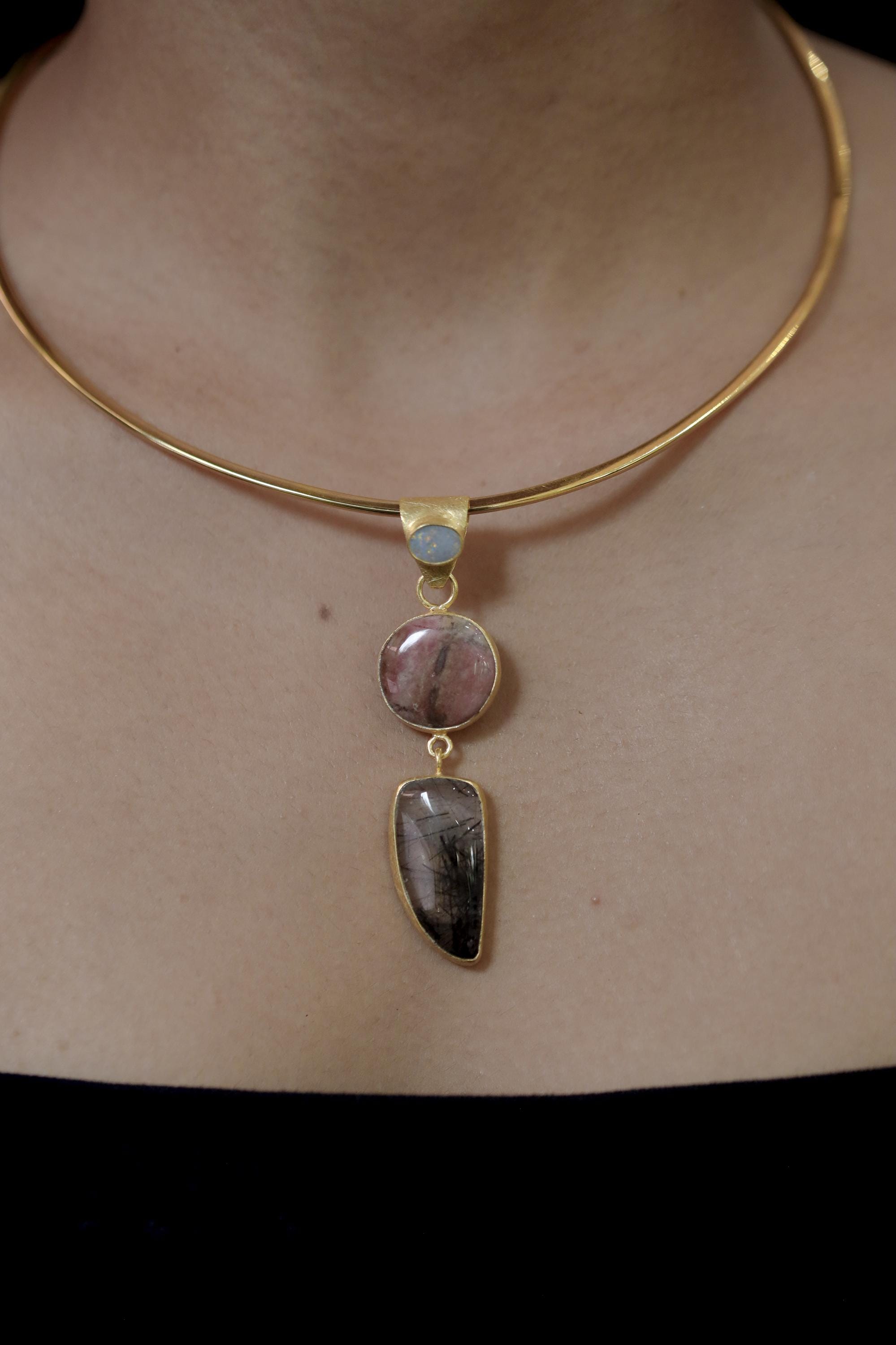 Australian Opal Rhodochrosite Rutilated Quartz Pendant 18K Gold Plated 925 Silver, Brushed Textured, Crystal Jewelry, Handmade Talisman Gift