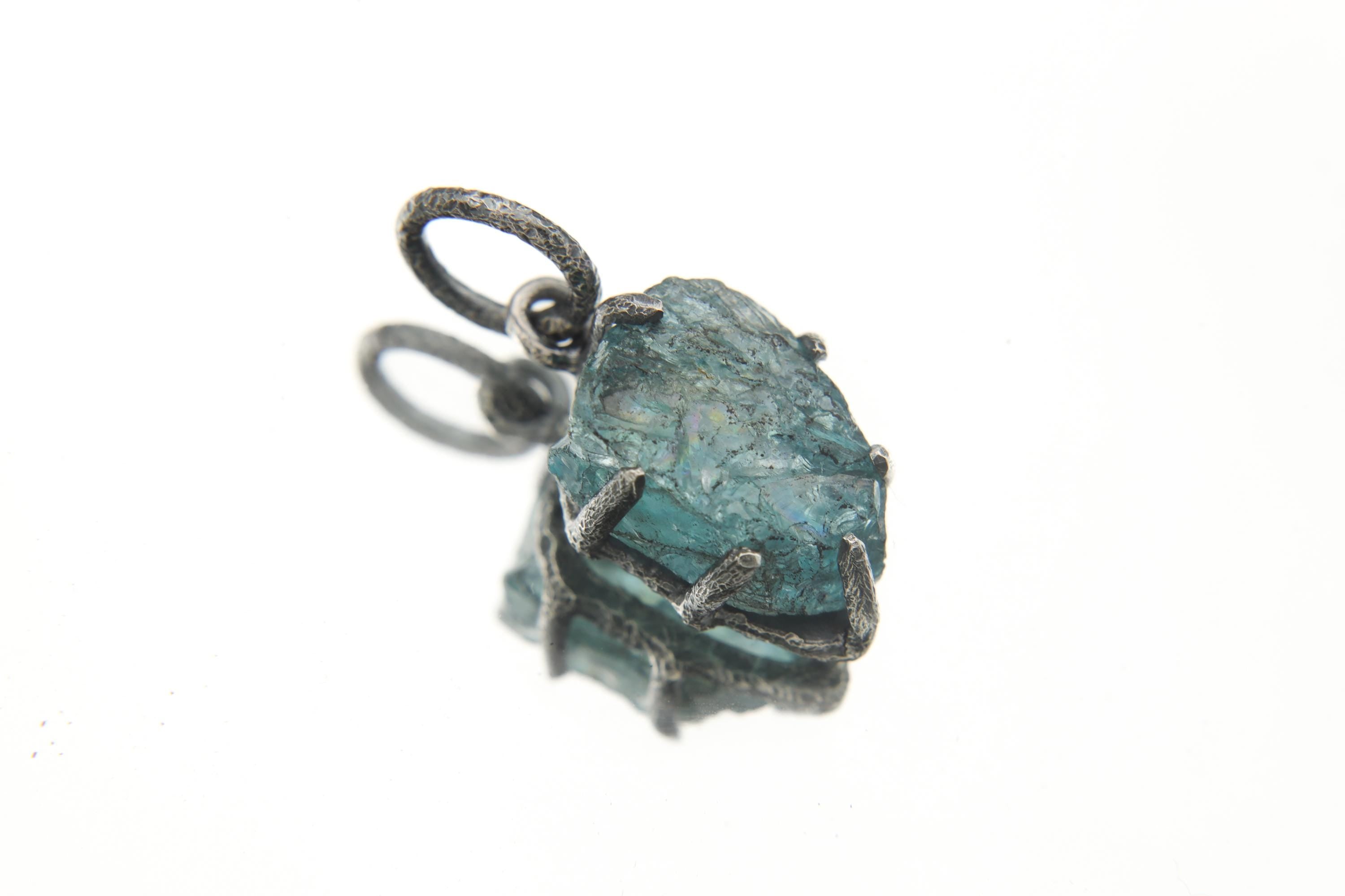 Aqua Blue Facet Grade Natural Gem Aquamarine Chunk, Sterling Silver Pendant, Claw Setting, Hammer Textured & Oxidized, Healing Crystal Gift