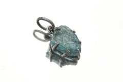 Aqua Blue Facet Grade Natural Gem Aquamarine Chunk, Sterling Silver Pendant, Claw Setting, Hammer Textured & Oxidized, Healing Crystal Gift