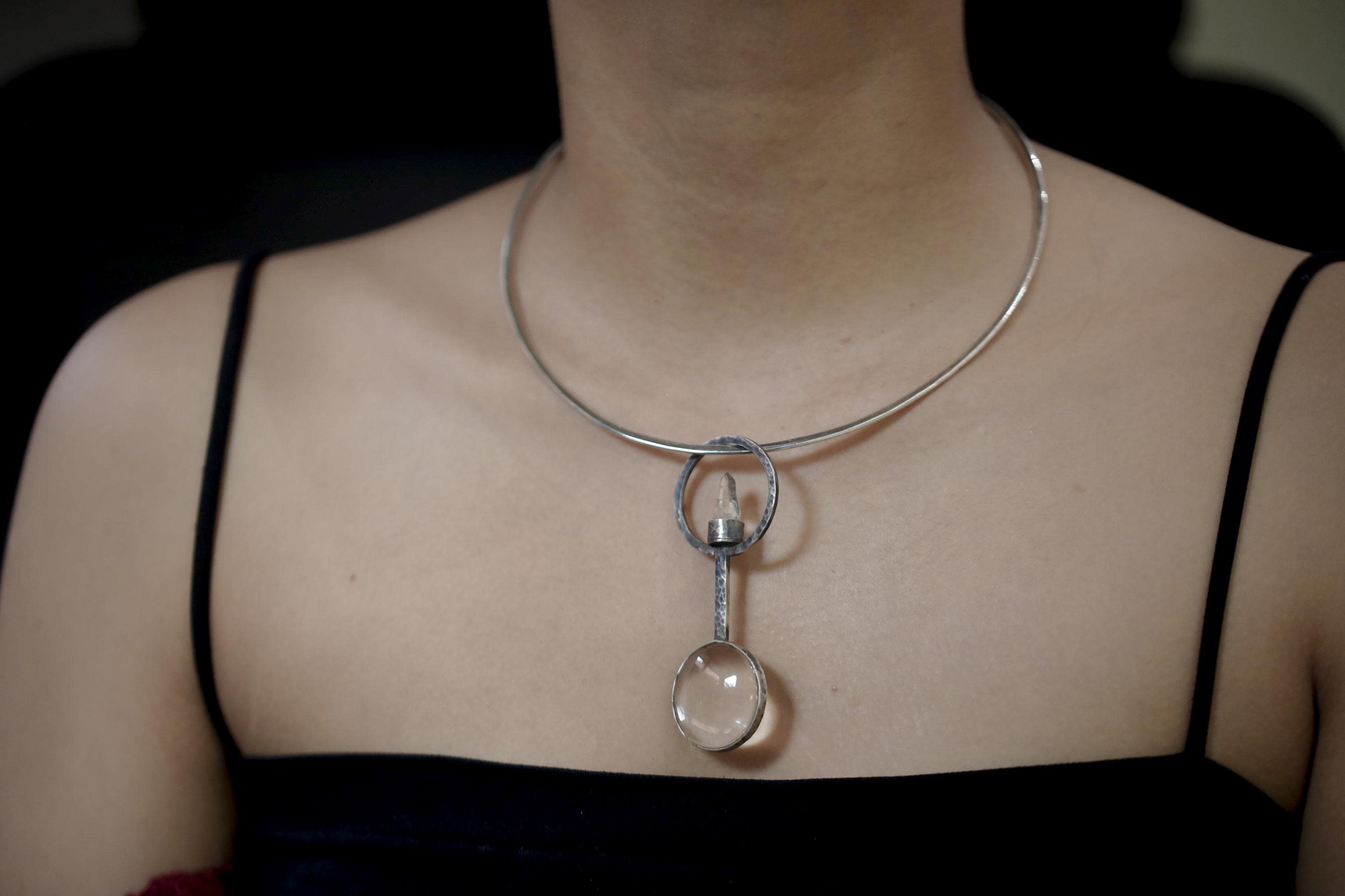 Himalayan Lemurian Laser Quartz Pendant, 925 Silver Functional Jewelry, 5x Magnifying Glass Fire Starter, Hammered Oxidized Silver