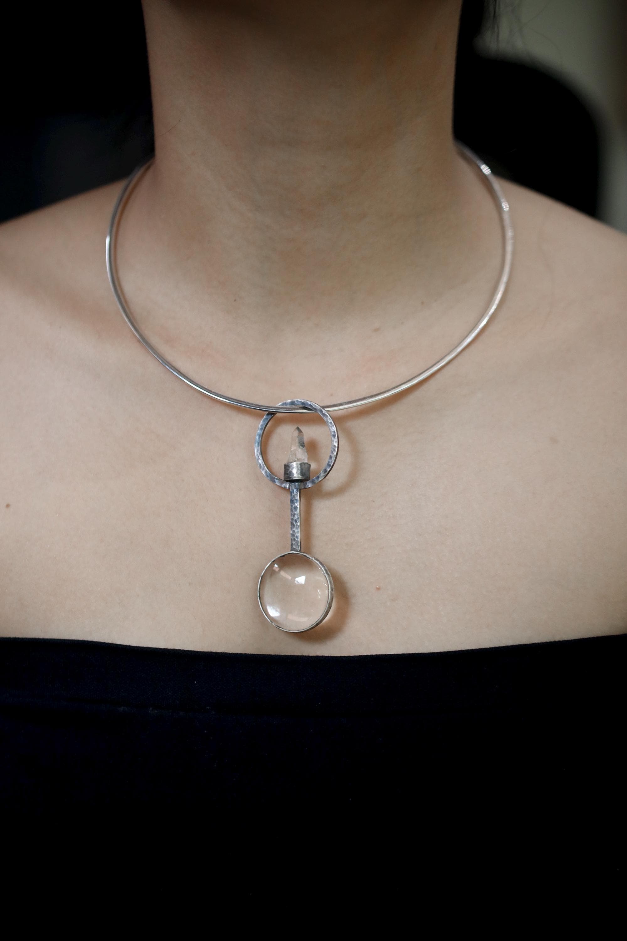 Himalayan Lemurian Laser Quartz Pendant, 925 Silver Functional Jewelry, 5x Magnifying Glass Fire Starter, Hammered Oxidized Silver