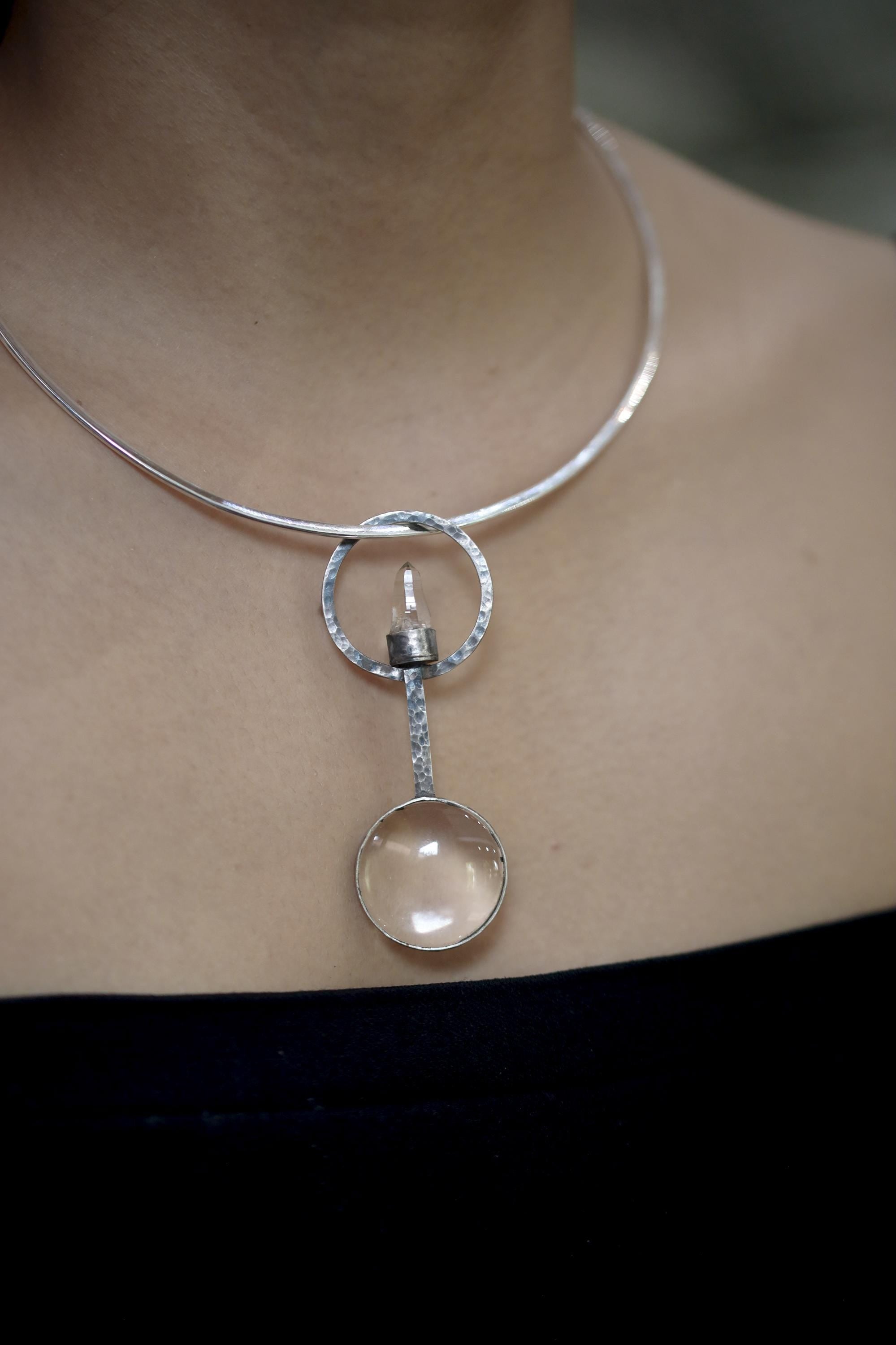 Himalayan Lemurian Laser Quartz Pendant, 925 Silver Functional Jewelry, 5x Magnifying Glass Fire Starter, Hammered Oxidized Silver