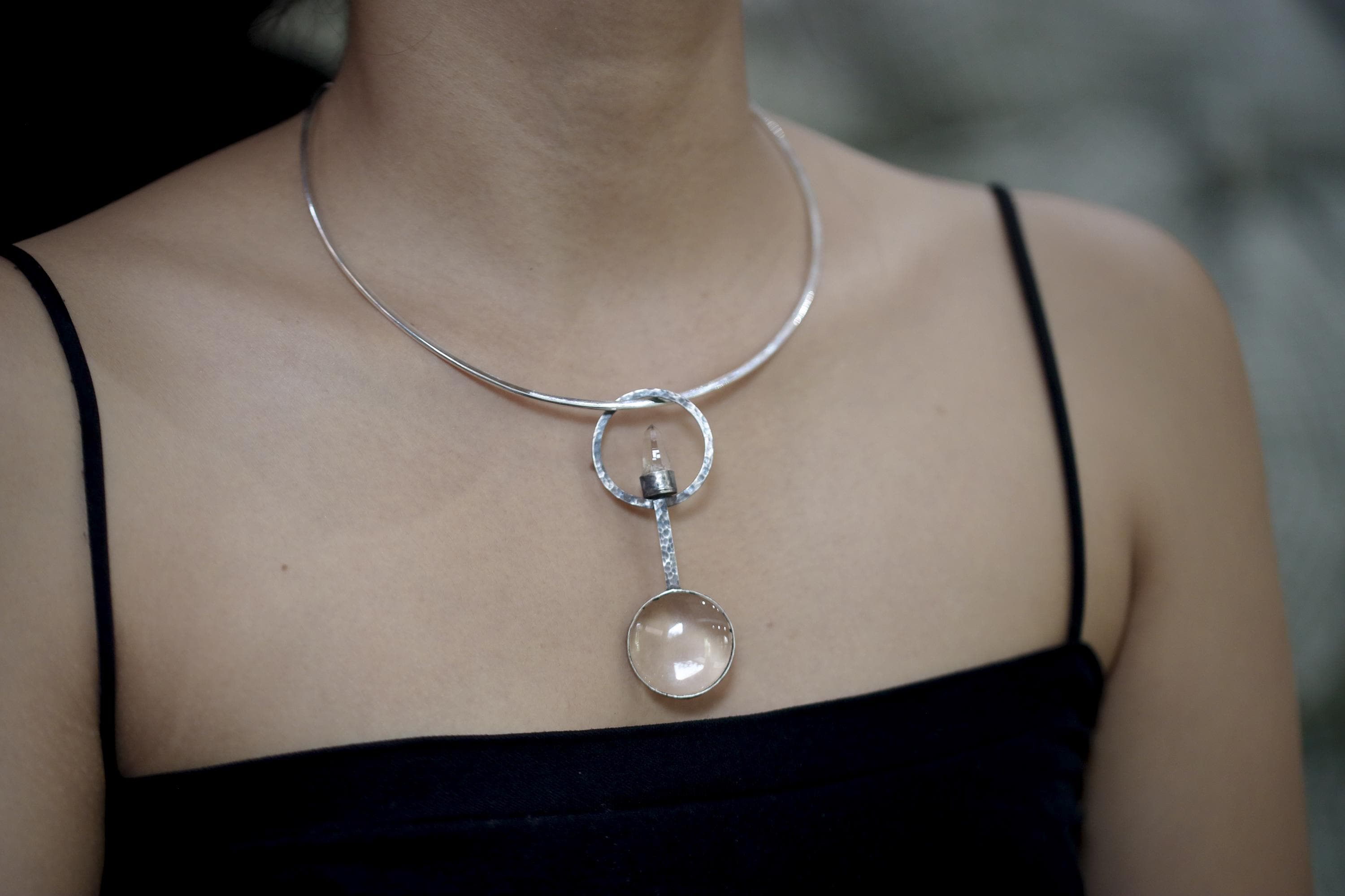 Himalayan Lemurian Laser Quartz Pendant, 925 Silver Functional Jewelry, 5x Magnifying Glass Fire Starter, Hammered Oxidized Silver