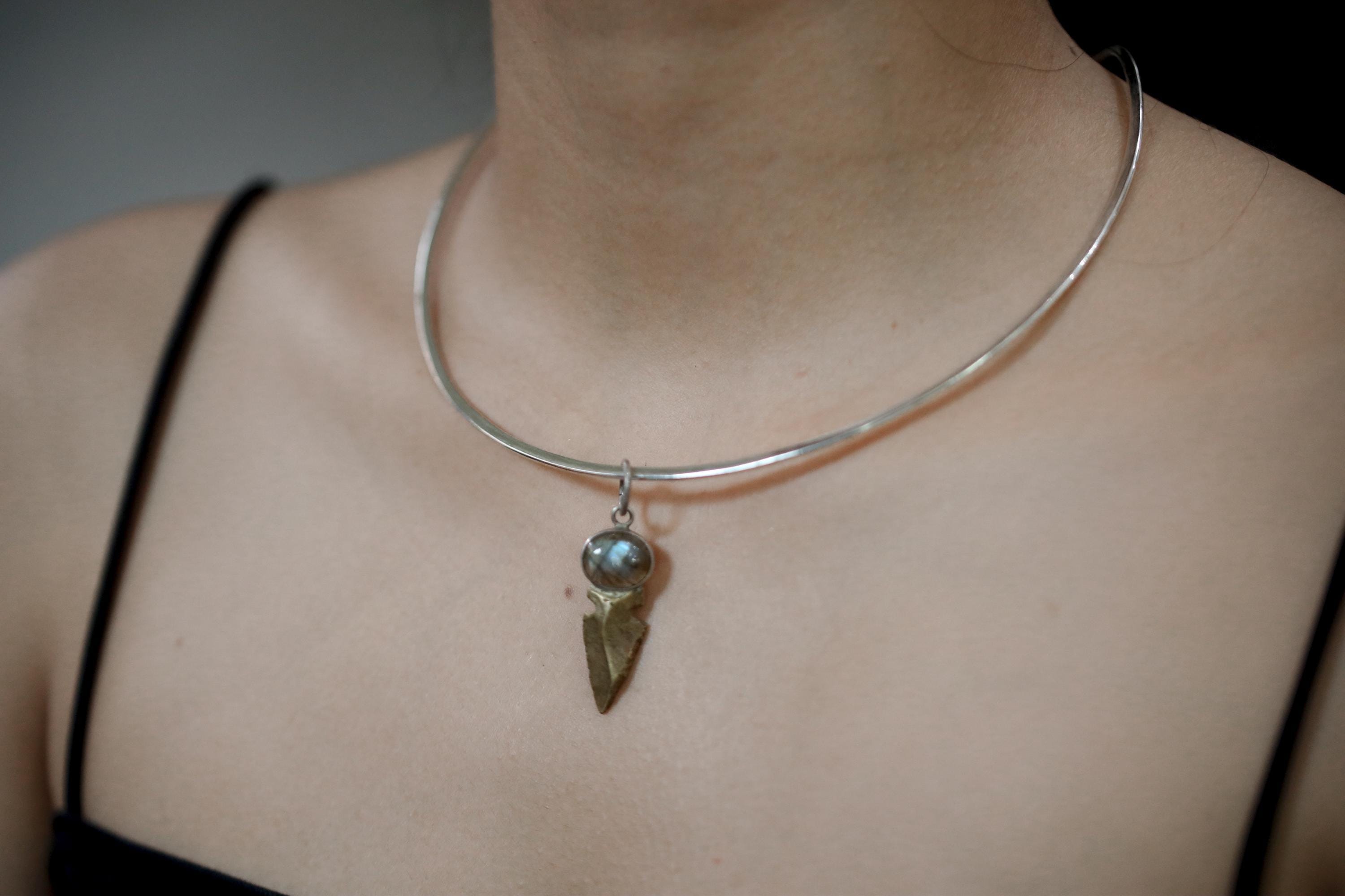 Labradorite Obsidian Pendant Sterling Silver Brass Spearhead Necklace Third Eye Root Chakra Talisman Gift