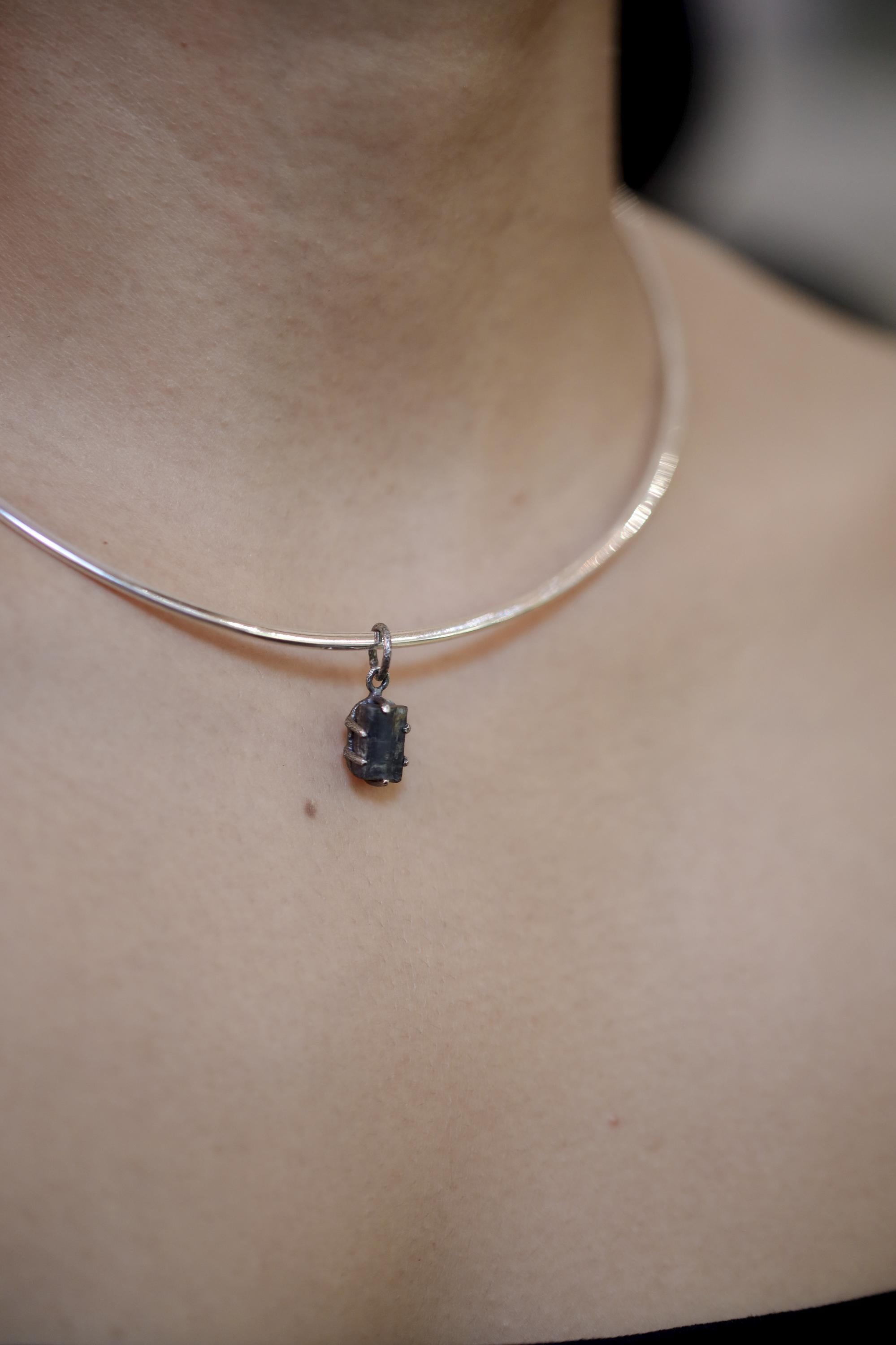 Ocean Kyanite Pendant, 925 Silver, Hammer Texture, Oxidized Finish, Claw Setting, Round Bail, Throat Chakra, Boho Healing Crystal Pendant