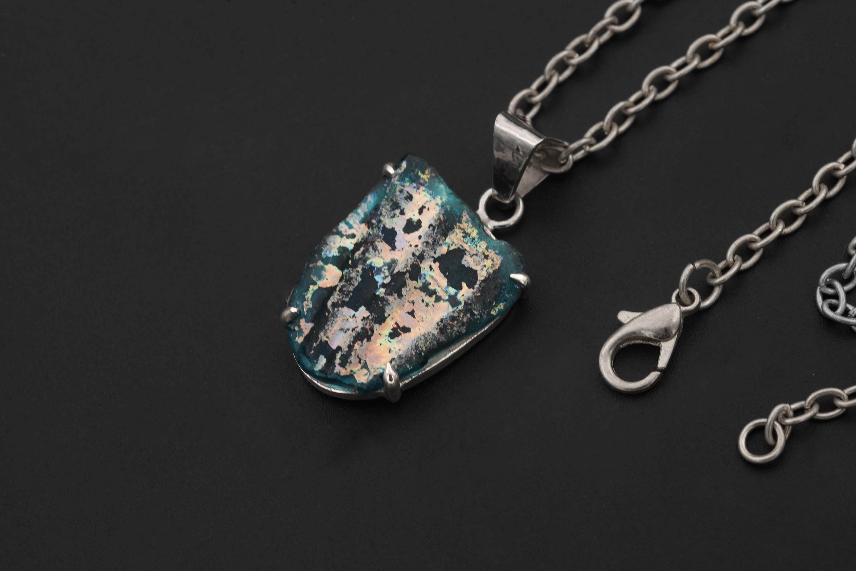 Afghani Opalized Glass Pendant Sterling Silver Raw Iridescent Ancient Relic Necklace Claw Set Jewelry Gift