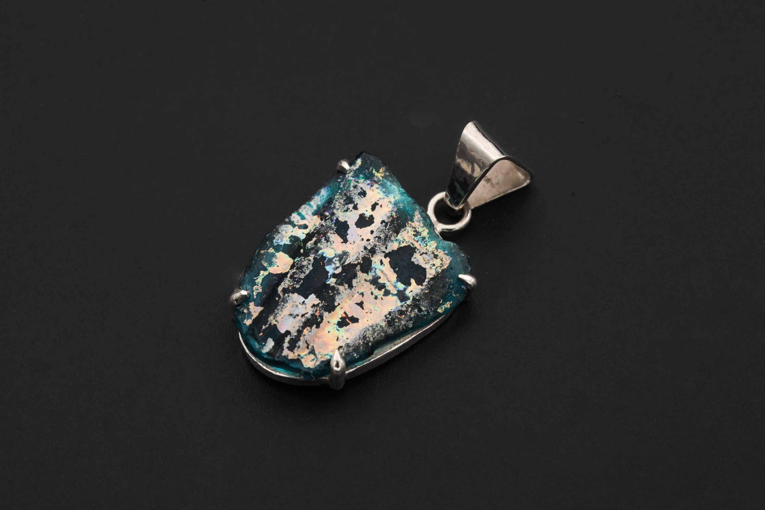 Afghani Opalized Glass Pendant Sterling Silver Raw Iridescent Ancient Relic Necklace Claw Set Jewelry Gift