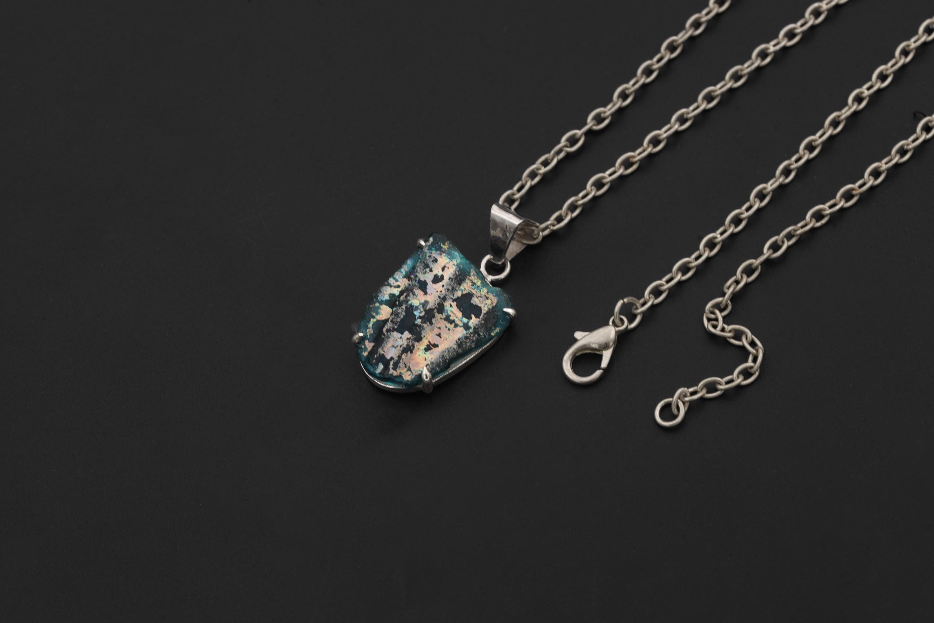 Afghani Opalized Glass Pendant Sterling Silver Raw Iridescent Ancient Relic Necklace Claw Set Jewelry Gift
