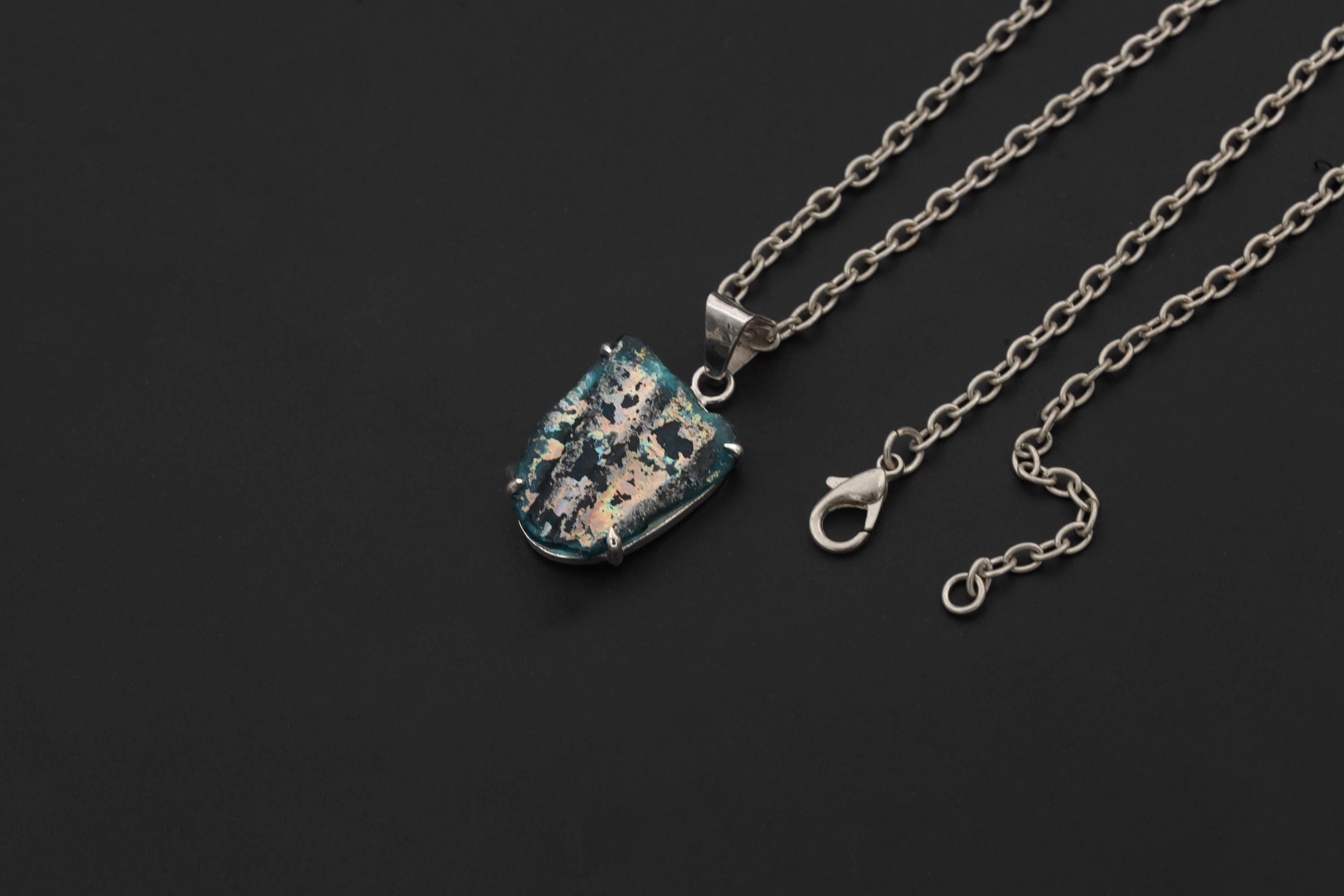 Afghani Opalized Glass Pendant Sterling Silver Raw Iridescent Ancient Relic Necklace Claw Set Jewelry Gift